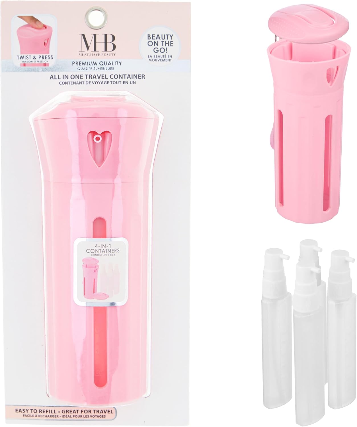 Travel Beauty Dispenser – Portable 4-in-1 Travel Bottle Set | Leak-Proof Refillable Toiletry Containers for Shampoo, Conditioner & Lotion | TSA Approved Travel Bottles for Women
