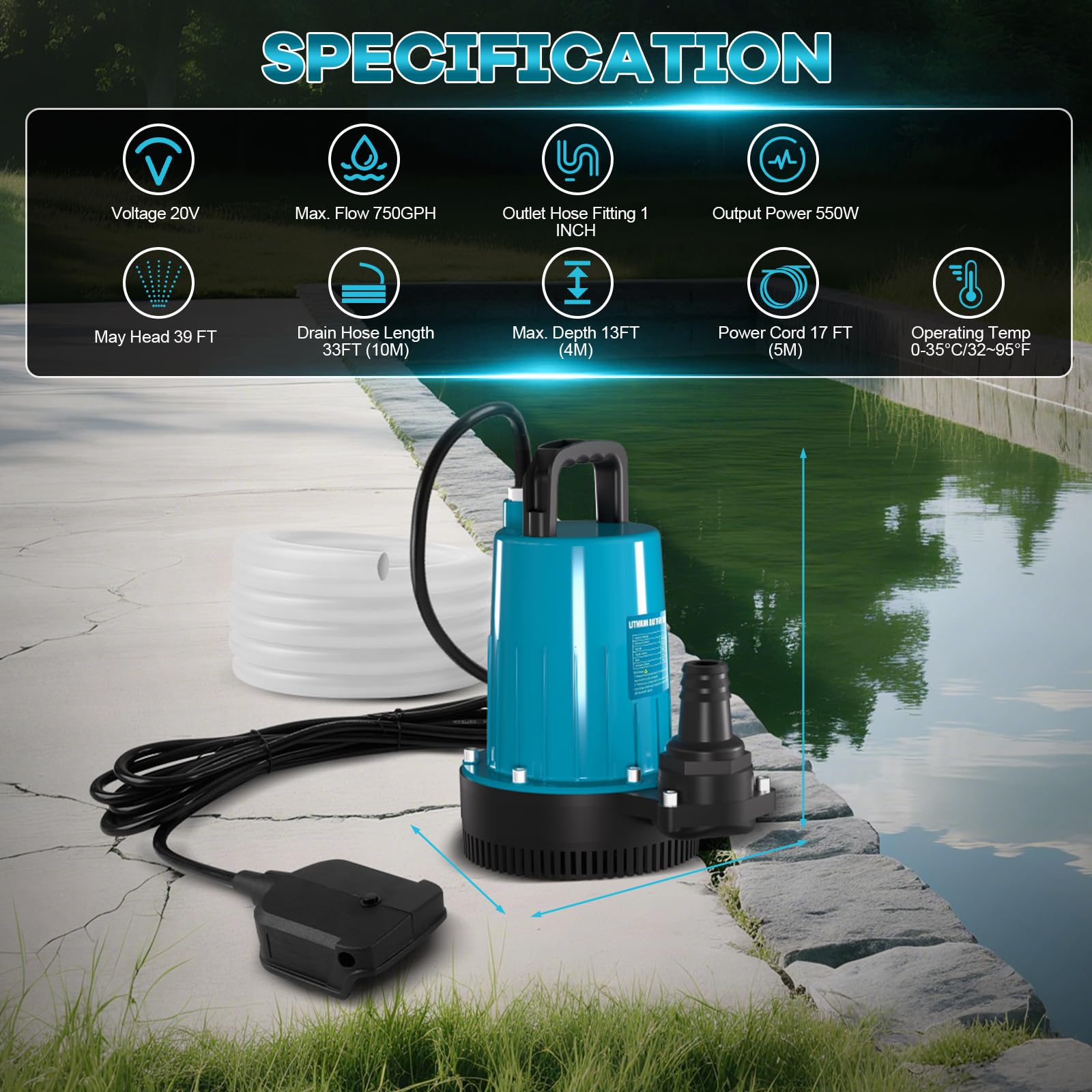 Pompa sommergibile a batteria, 21 V, 2000 mAh, pompa sommergibile con coperchio di sicurezza, tubo da 10 m, per piscina, letti d'acqua, pompa per acque reflue, copertura piscina