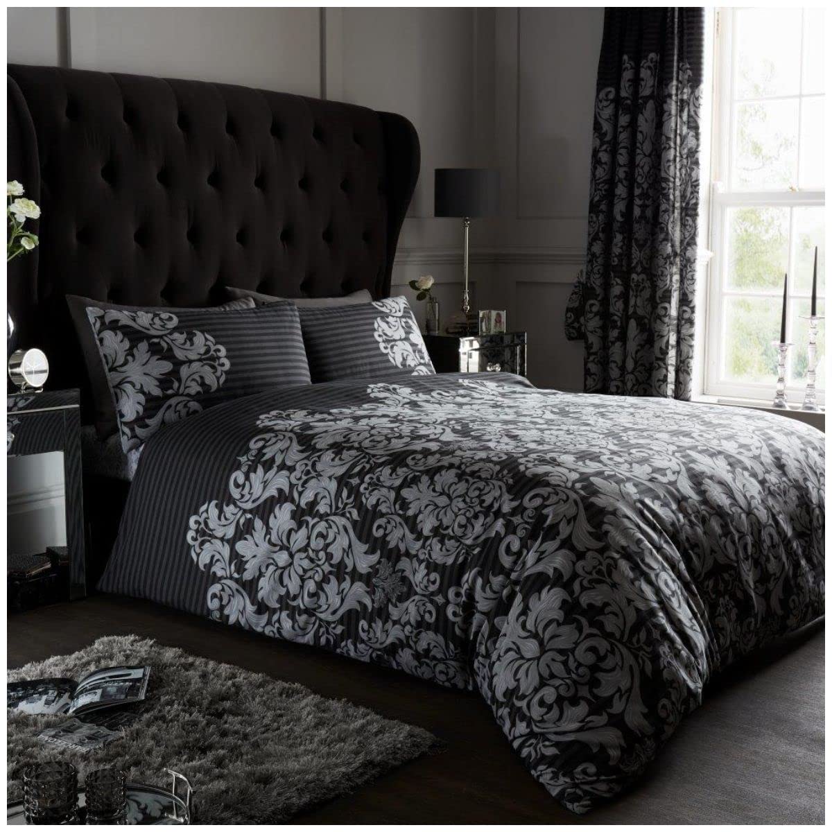 GC GAVENO CAVAILIA Luxury Floral Damask Double Bed Duvet Cover Set, Reversible Quilt Bed Sets, Black