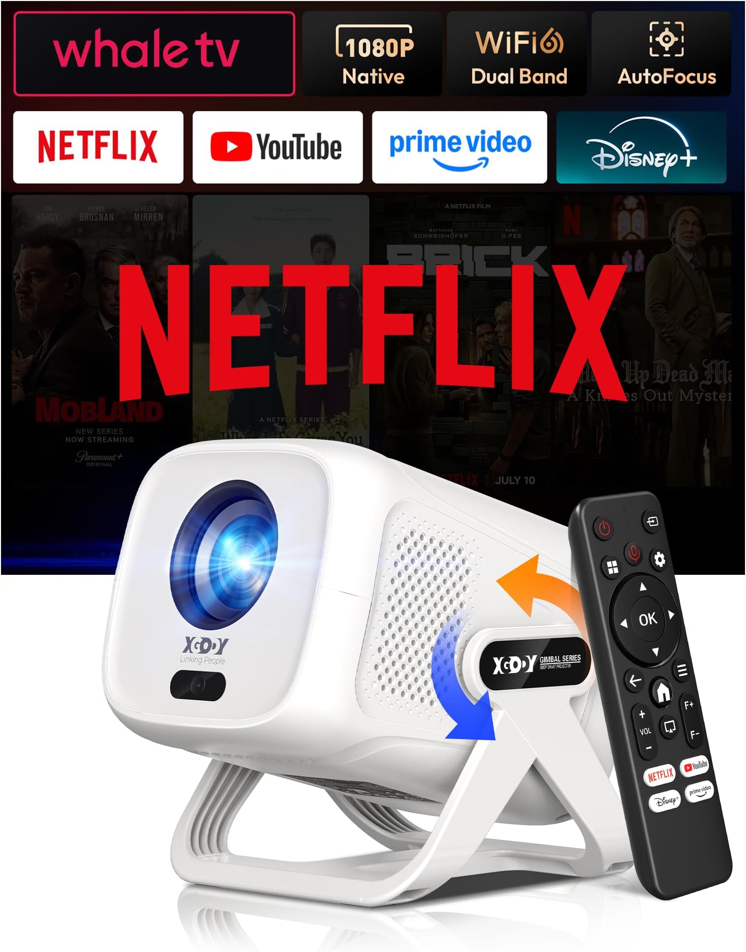 XGODY Gimbal N5 Mini Portable Smart Projector, FHD Built in Apps & Whale TV