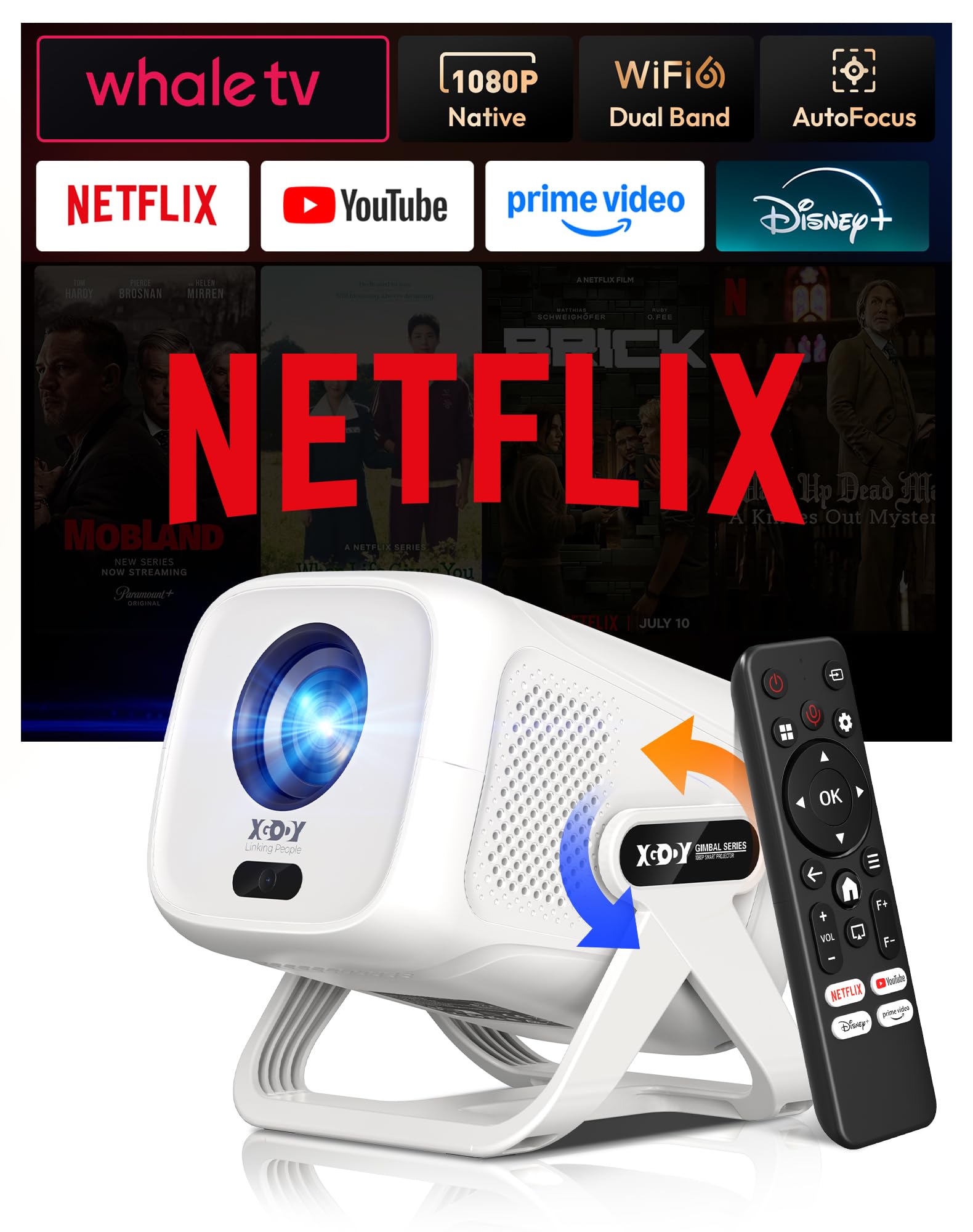 Xgody N5 Beamer 1080P Mini Beamer 4K Heimkino Autofokus Automatische Trapezkorrektur Projektor 450ANSI WiFi Bluetooth 135° Drehbar Tragbarer Projector