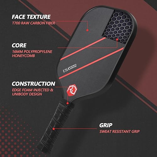 Miniatura 2 de RaE jessiE Paleta de pickleball de 0.630 in T700 de fibra de carbono cruda | Unibody termoformado con paredes inyectadas de espuma | Raqueta de