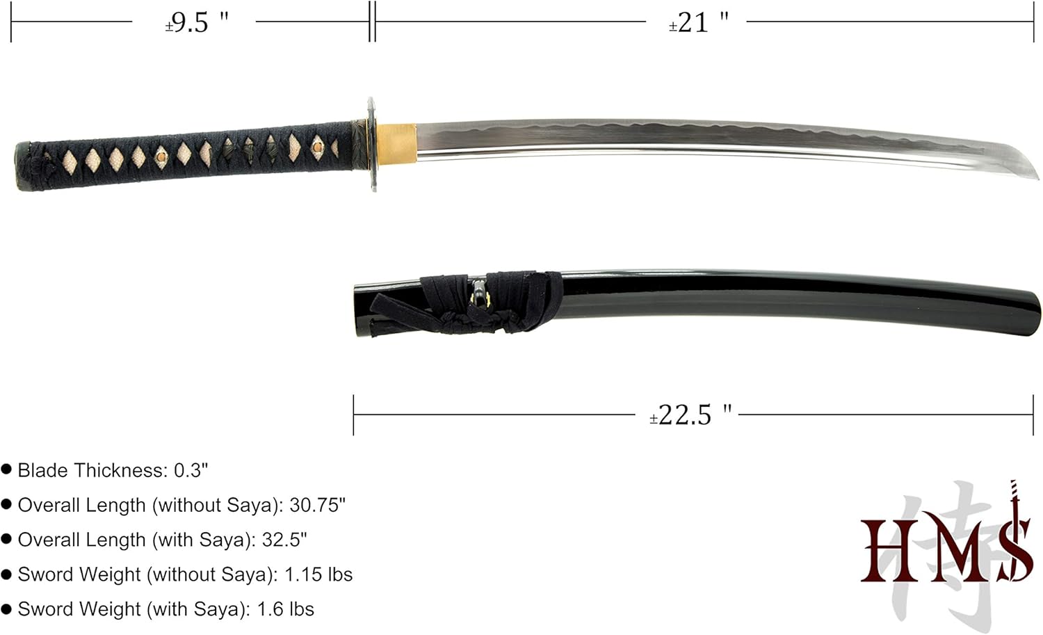 HMS Unsharpened Iaito Trainging Wakizashi Sword, Handmade, Aluminium Alloy Blade, Full Tang, Brass Fittings, Alloy Bamboo Design Tsuba, Black Scabbard