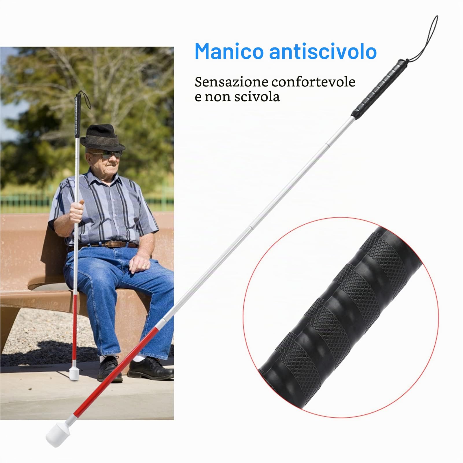 Stampella pieghevole da 110 cm, stampella pieghevole pieghevole riflettente per bastone da passeggio con guida antiurto portatile, bastone da passeggio per non vedenti