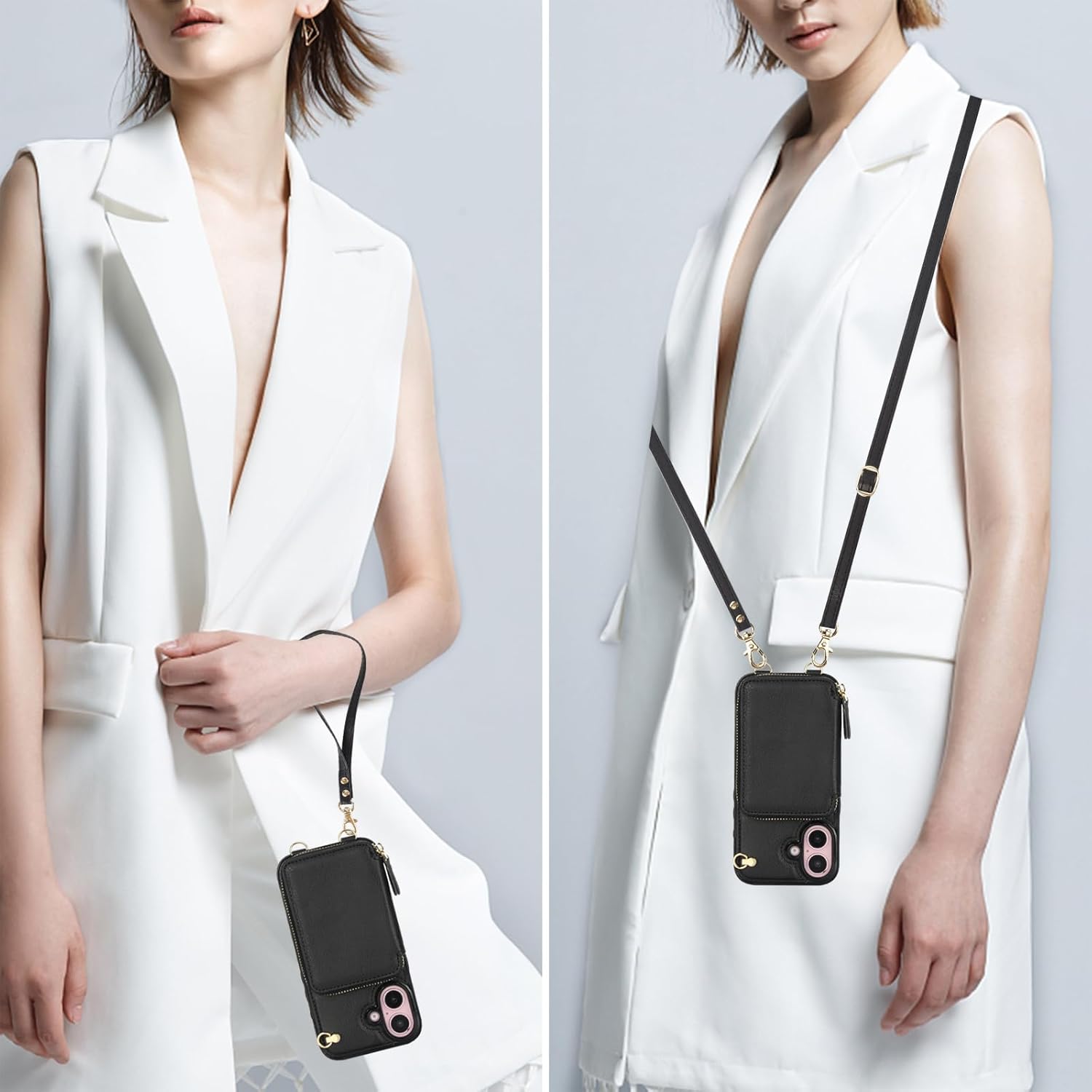 Bocasal Crossbody Wallet Case for iPhone 16, RFID Blocking Leather Purse Case with Card Holder, Protective Handbag Flip Cover with Zipper Wrist Strap Lanyard for Women 5G 6.1 Inch (Black) - Image 5