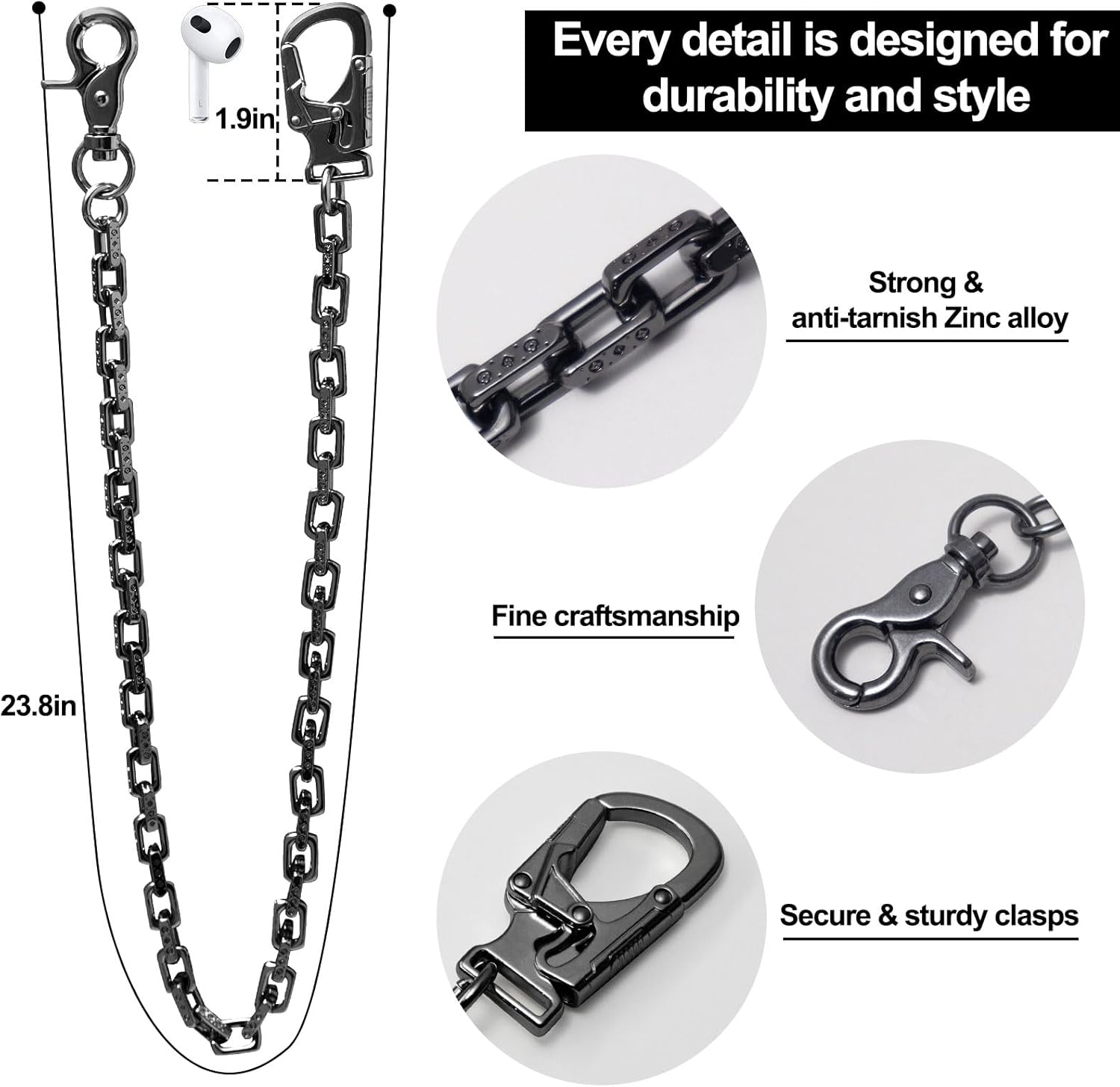 Ahiller 25" Long Wallet Chain for Men, Lightweight Stainless Steel Keychain with Alloy Double Lock Carabiner for Daily - Image 6