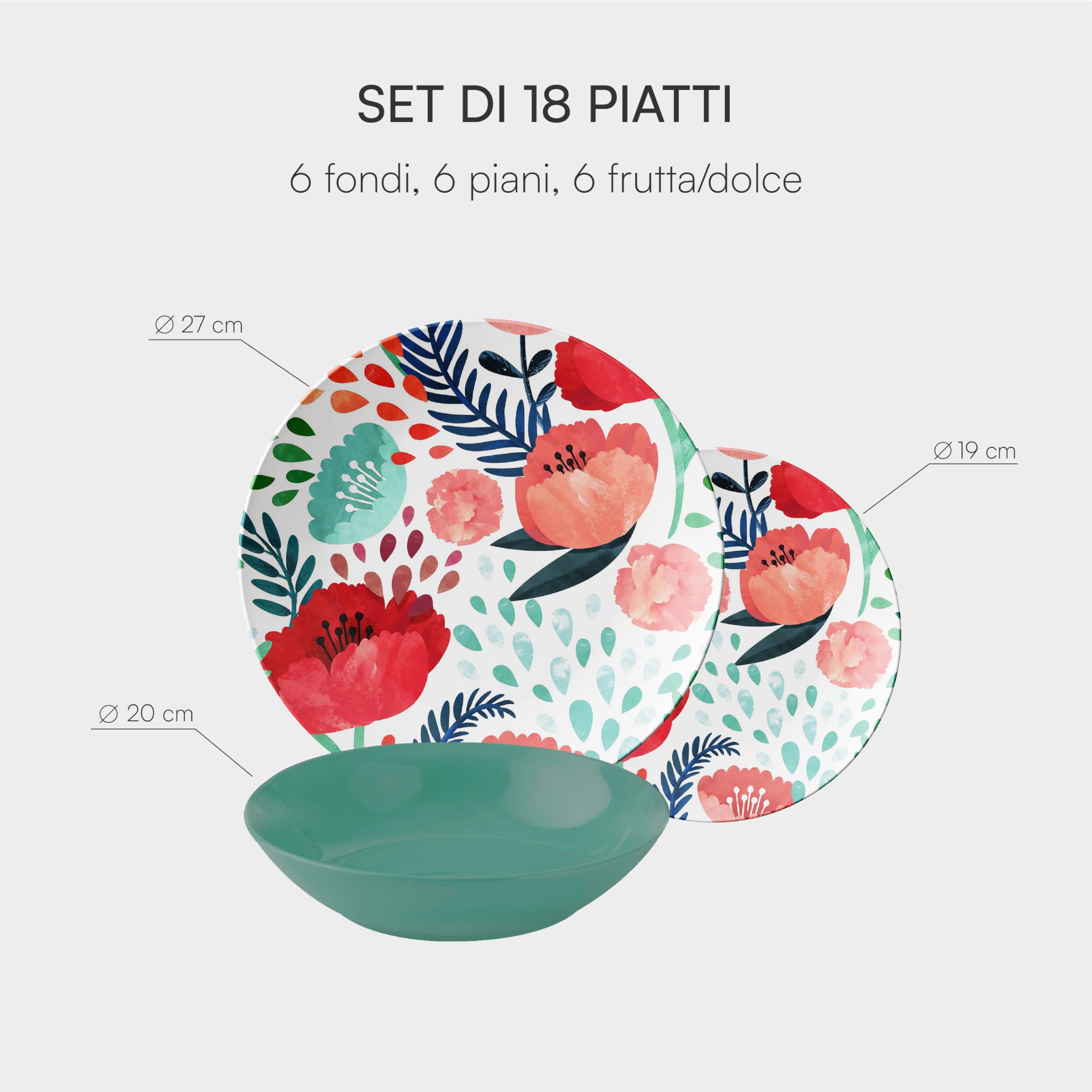 Servizio di Piatti da 18 pezzi in Porcellana, Servito da Tavolo Colorato per 6 Persone, Piatto Fondo, Piano, da Frutta o Dolce, Fantasia Papaveri
