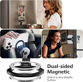Dual-Side Magnetic Ring Holder with Silicone Strap,for MagSafe Magnet, 360 Rotation Adjustable Kickstand for iPhone 17/16/15/14/13/12 Air/Pro/Pro Max, Pixel 10,Galaxy S25 S24 (H-01 Black)