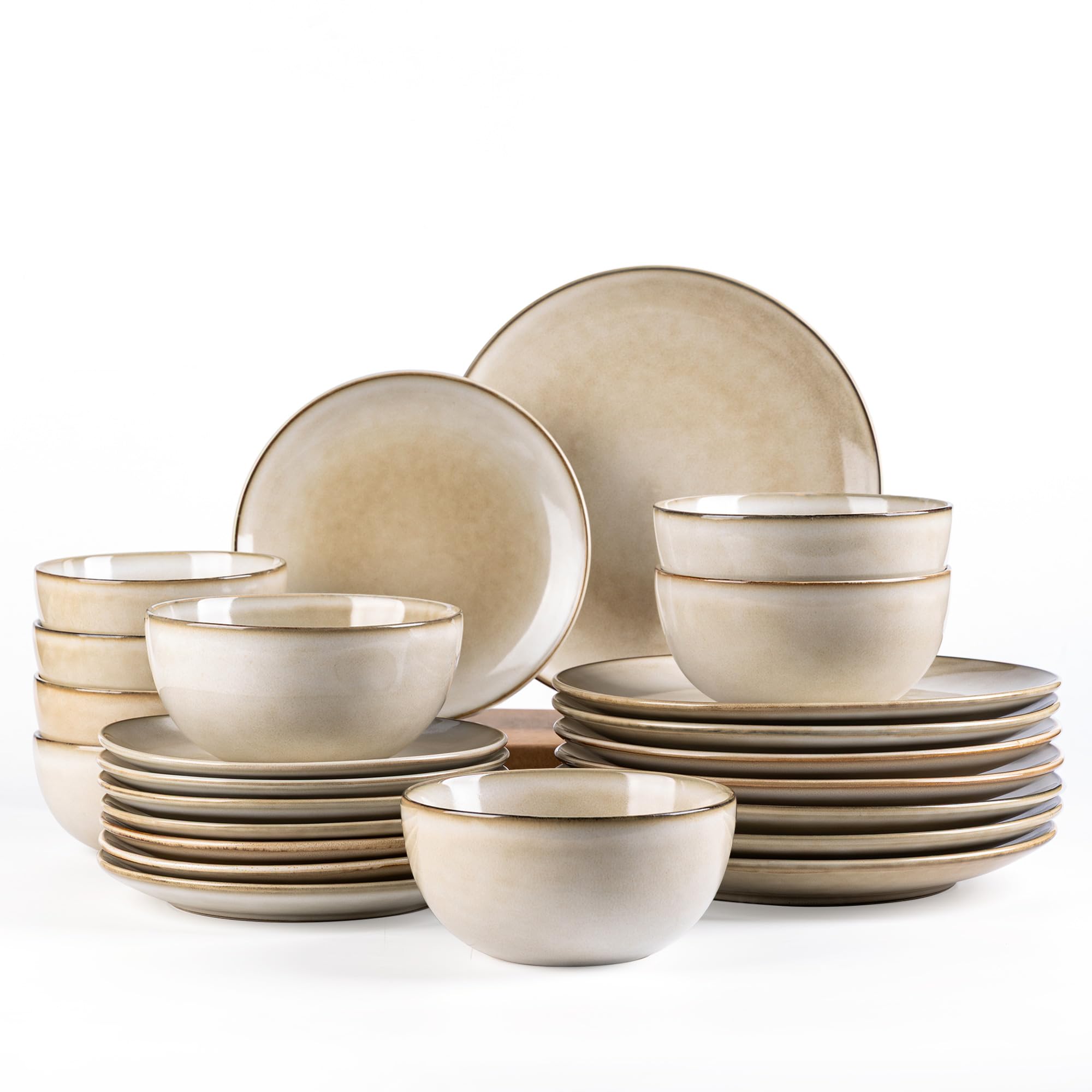 AmorArc Stoneware Dinnerware Sets for 8, 24 Pieces Handpainted Ceramic Plates and Bowls Set, Scratch Resistant Dishes Set, Dishwasher & Microwave Safe, Cappuccino