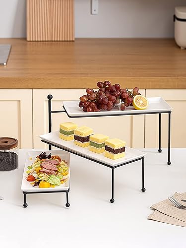 Miniatura 5 de Kanwone Soporte para servir de 3 niveles con platos de porcelana blanca, soporte giratorio de exhibición de alimentos, bandejas de servicio de 14.5