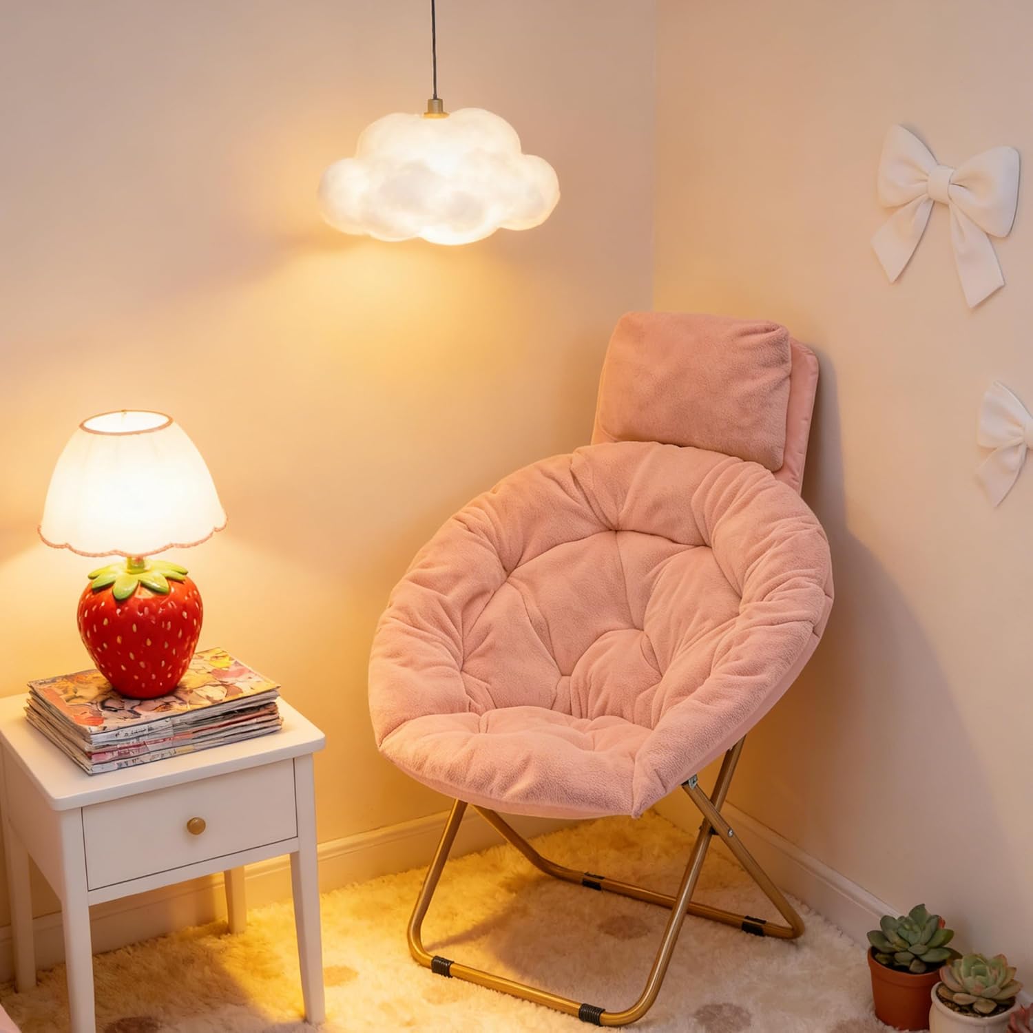 Magshion Saucer Chair with Removable Headrest, Folding Moon Chair for Adults, Oversized Comfy Reading Seat for Bedroom, Living Room, Dorm Room, Apartment (Pink,)