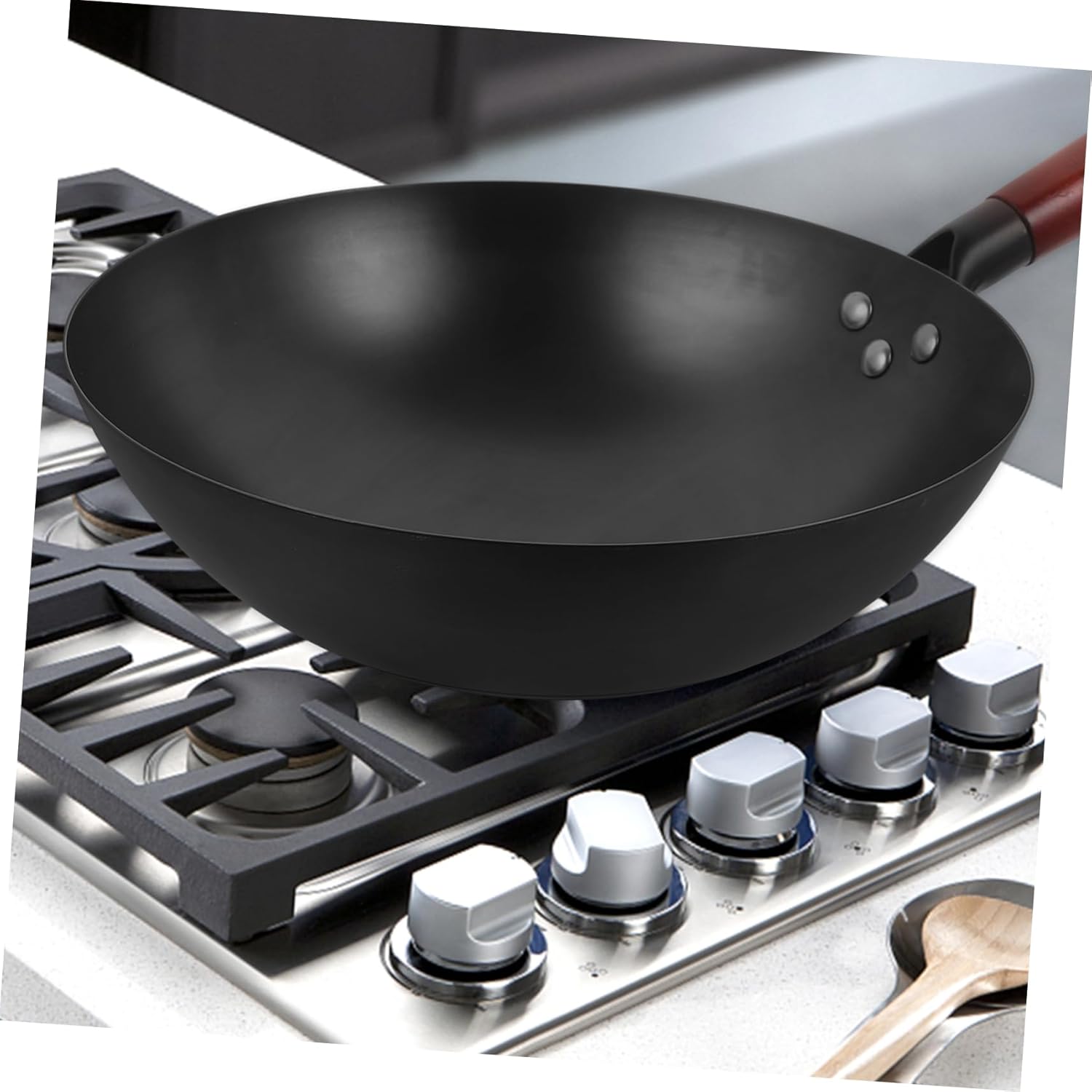 PRETYZOOM Traditional Iron Wok with Wooden Handle Bottom Cooking Pan for Gas Stove Non-stick Frying Pan Versatile Kitchenware for Frying Boiling and Steaming