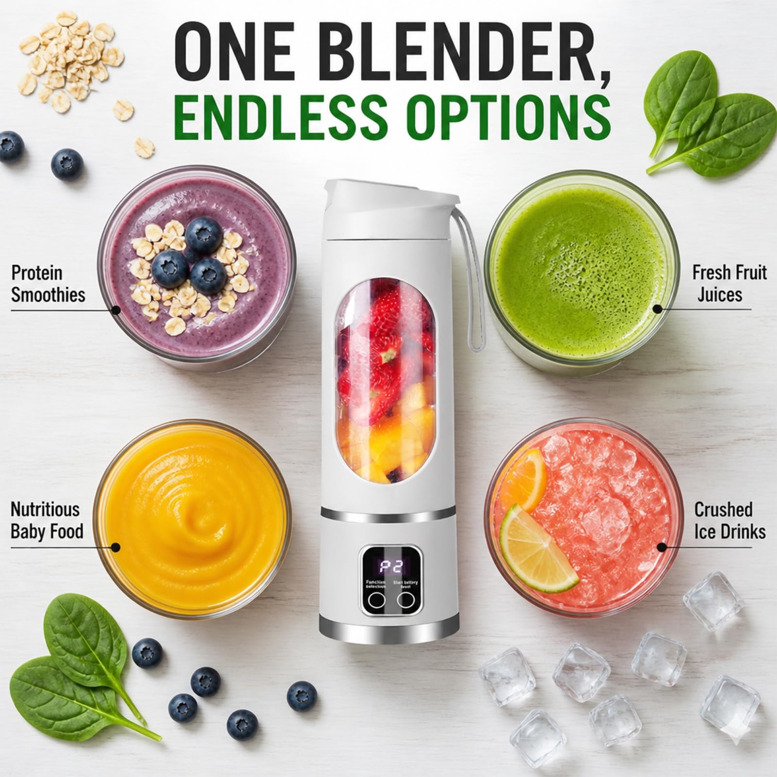 Tragbarer Mixer Smoothie Maker To Go, 500ml Portable Blender mit LED Display und 12 Klingen, USB 1500mAh Elektrisch Mixer, BPA-frei, für Sport, Reisen, Büro, Outdoor (Weiß)
