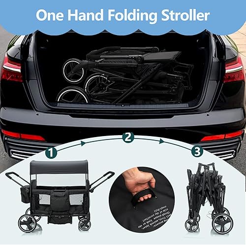 Miniatura 7 de Cochecito para 2, 3, 4, niños, 4 plazas, todo terreno, vagón de bebé, plegable, ligero, con arnés de 5 puntos, toldo, bandeja de aperitivos para