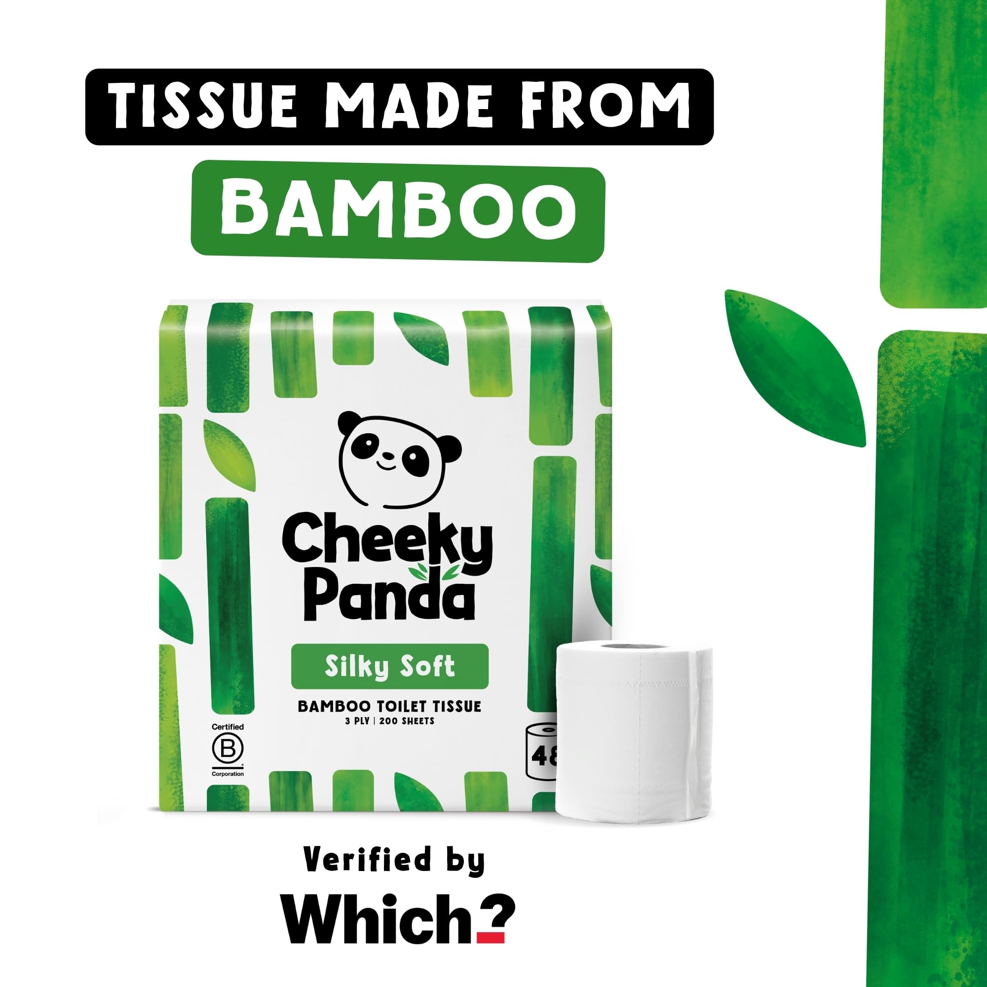 The Cheeky Panda Carta Igienica Bamboo | 48 x Rotoli Carta Igienica 3 Veli | 200 Soffici Fogli | Biodegradabile ed Ecológico | Senza plástica
