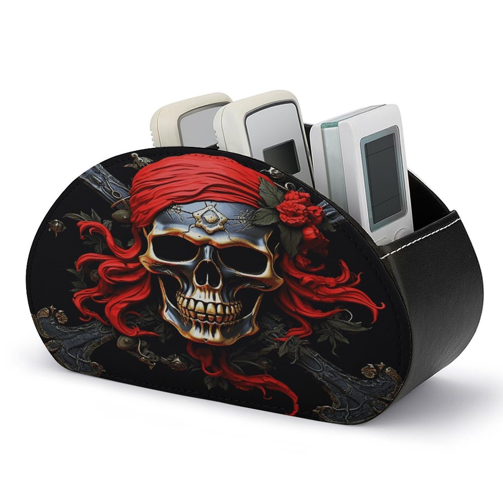 FekiLoot Pirate Skull Remote Control Holder with 5 Compartments Multi-functional TV Remote Caddy Organizer Leather TV Remote Holder Desktop Organizer Store for Bedside Table Office Desk