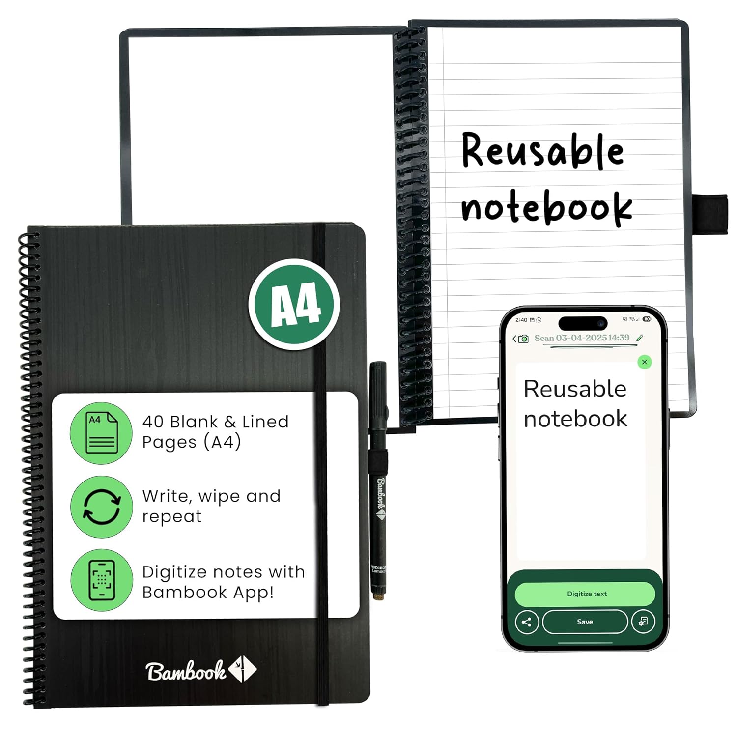 Bambook Classic Notebook Original - A4 - Blank & Lined, Reusable Notebook, Notepad, Reusable Notebook
