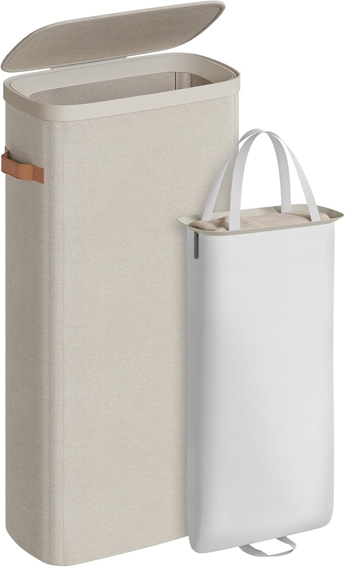 SONGMICS Laundry Basket, 44.9 Gal. Laundry Hamper, 2 Compartments, Easy Assembly, with Lid and Handles, Removable Liners, 22 x 15.7 x 29.5 Inches, Cappuccino Beige ULCB813L01