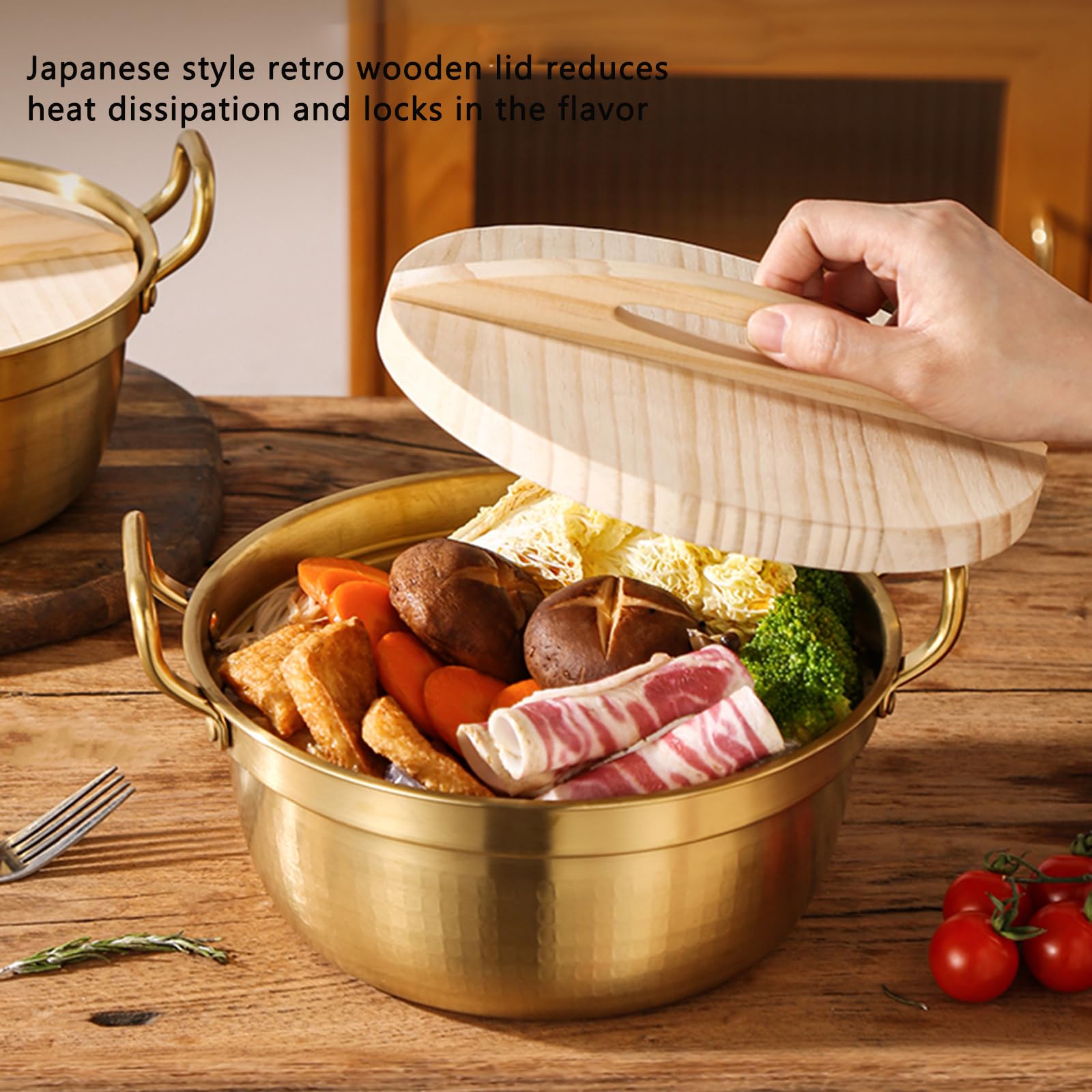 Koreanischer Ramen-Kochtopf/Edelstahl-Ramyun-Kochtopf mit Doppelgriff und Holzdeckel, 1 l, 1,5 l, 2,2 l, Suppentopf, Suppentopf, kleiner heißer Topf, ideal für Suppe, Curry, Nudeln und Eintopf, 23 cm