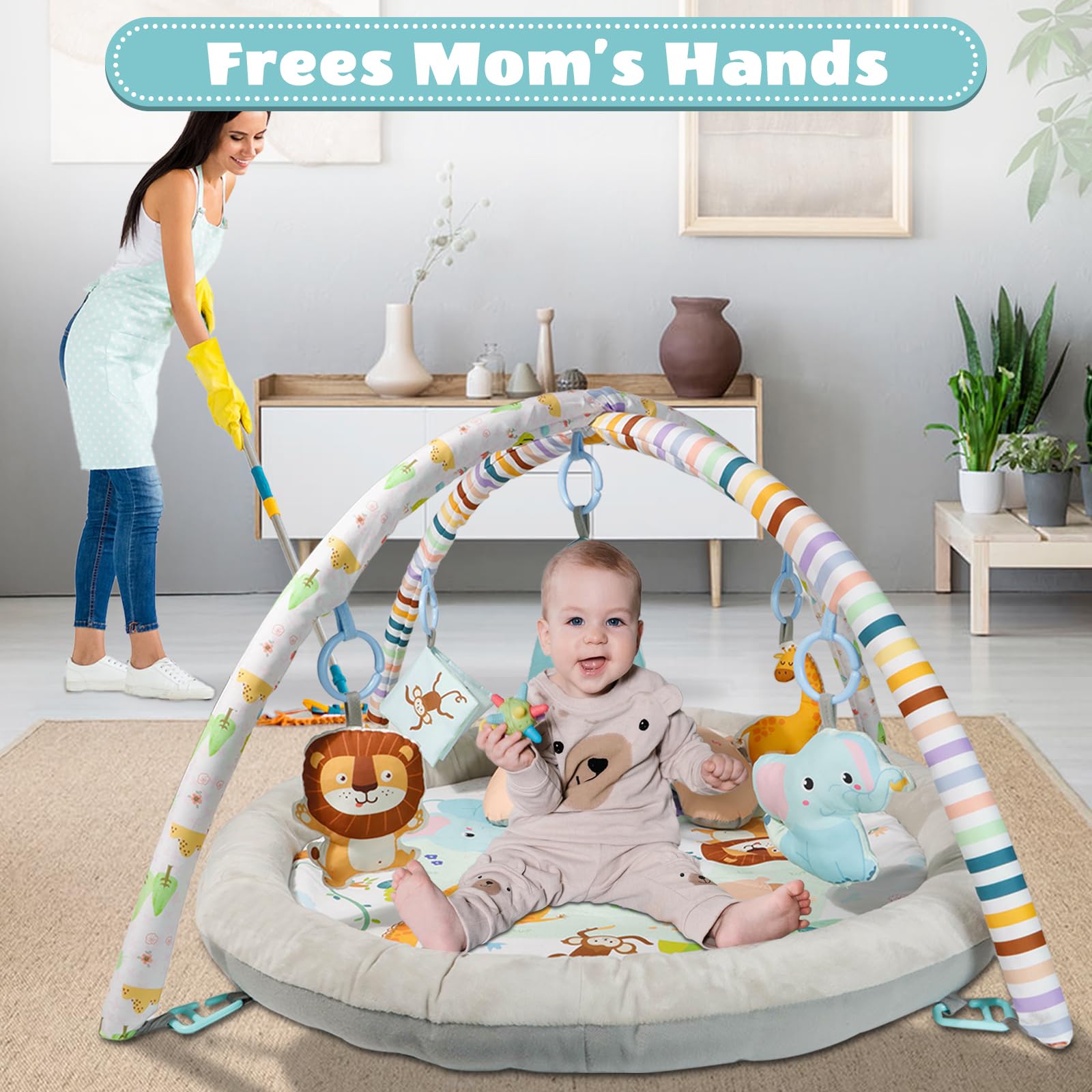 Tapis de jeu de bébé, Gymnase de jeu de bébé, Tapis de jeu en peluche avec 6 jouets et Coussin de lune, Gymnase de bébé de conception de Zoo détachable pliable pour les bébés âgés de 0 à 18 mois.