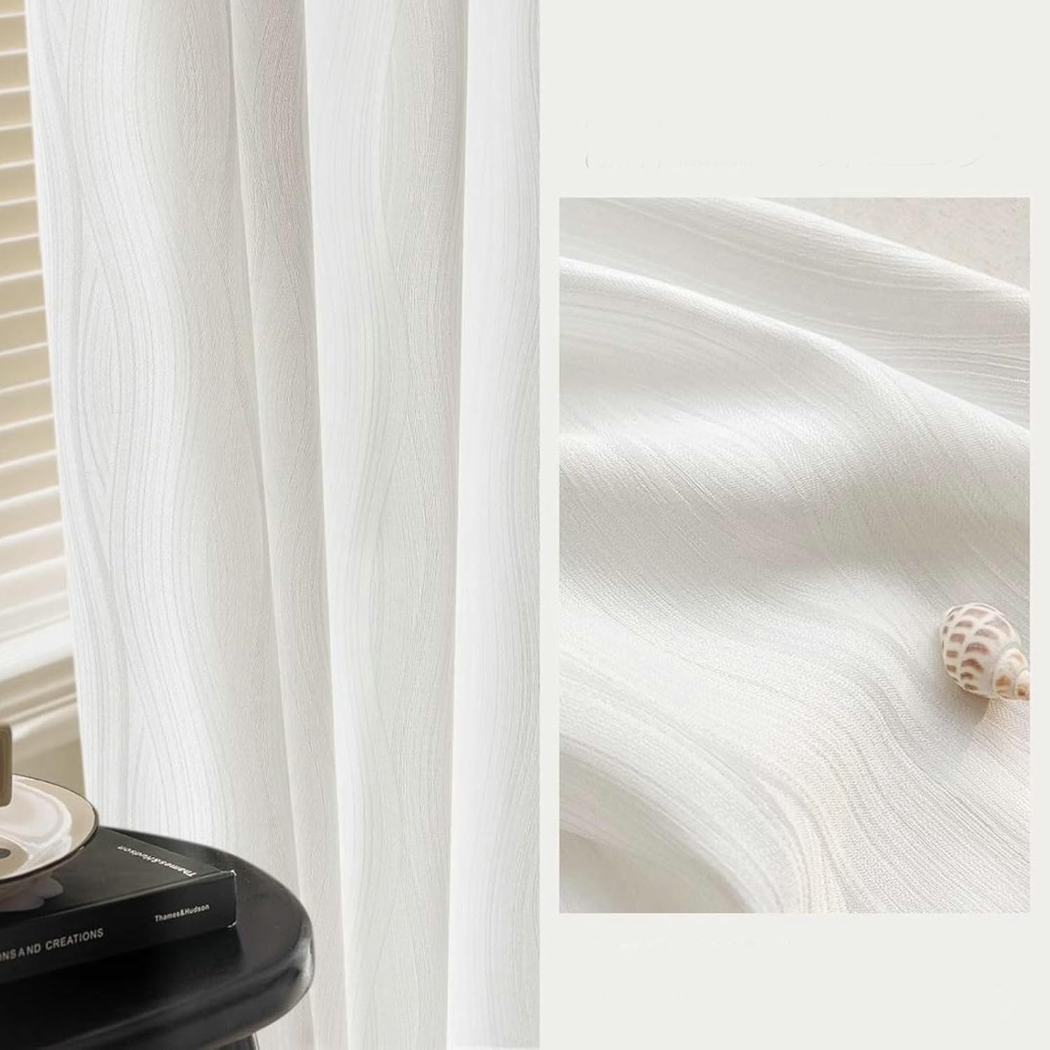 Sheer Curtains for Bedroom 2 Panels Set 52 inch Long, Polyester Transparent Curtains Hook Solid Color Wave Texture Window Treatments for Living Room White, 42 x 52 Inch