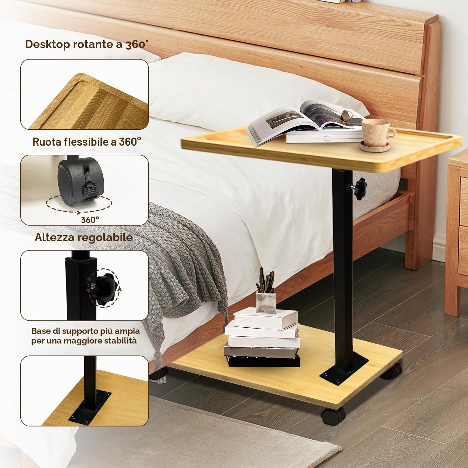 Tavolino Laterale Forma C in Bambù e Metallo Moderno Altezza Regolabile con Rotelle - per Letto, Divano, Comodino - Soggiorno, Camera da Letto, Bagno