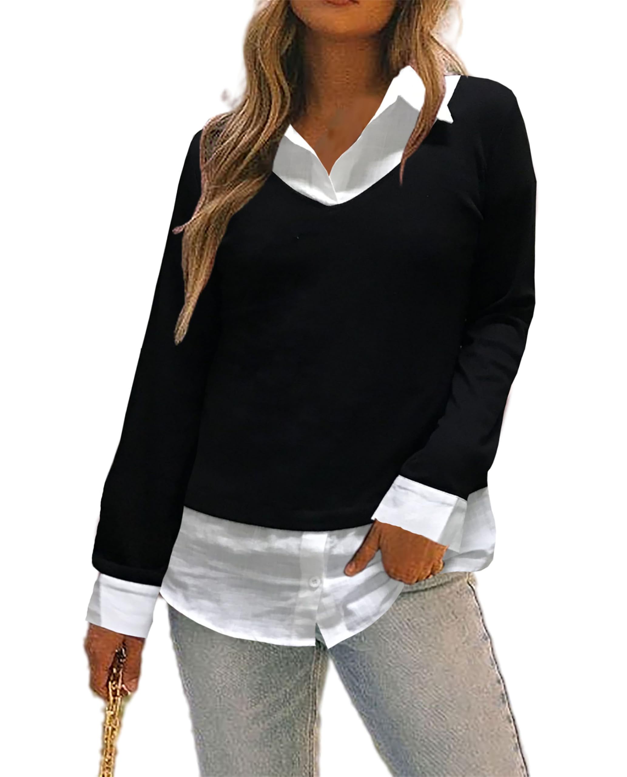 Oyamiki Maglia a maniche lunghe da donna in cotone con colletto camicia, blocco di colore, scollo a V, casual, elegante, per autunno e inverno