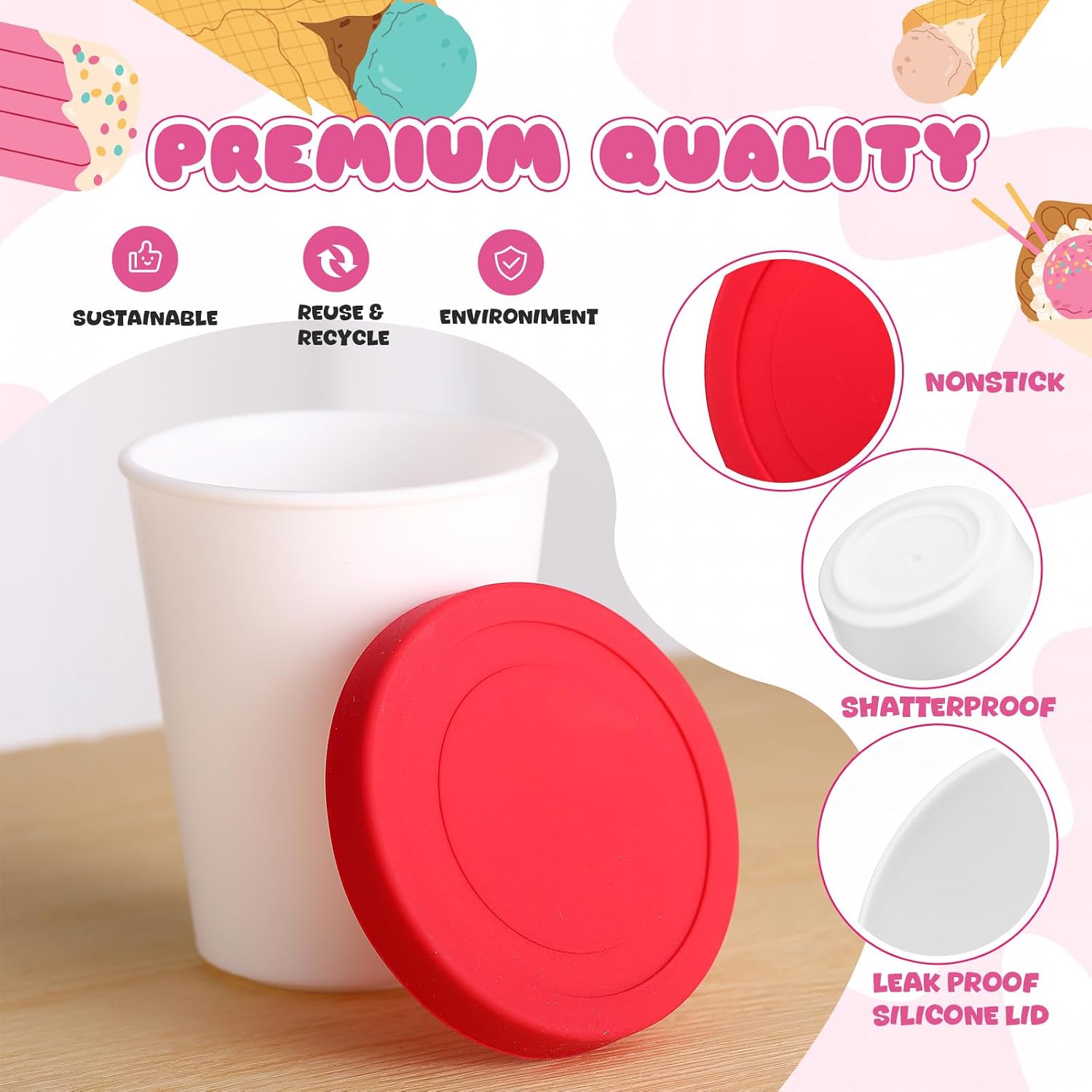 Blushtier 6 Pcs Ice Cream Containers Set Reusable Homemade Ice Cream Tubs Cups with Silicone Lids1.6 Quart & 8 oz Stackable Freezer Storage Containers with Sealing Bands for Yogurt Sorbet