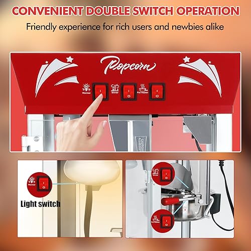 Miniatura 6 de Máquina para hacer palomitas de maíz, caldera de 12 onzas de acero inoxidable, máquina comercial de palomitas de maíz con vidrio templado, Rojo