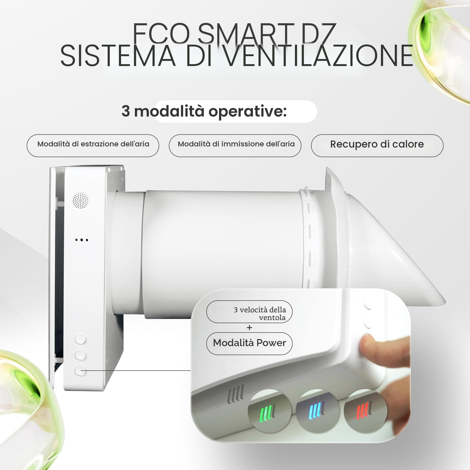 Ventilazione ambiente decentralizzata con recupero di calore, filtro F7 e WiFi. Recupero calore 97%, controllo umidità, serranda motorizzata. Diametro=160mm