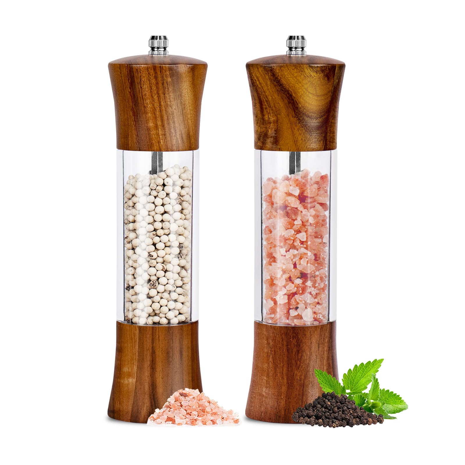 Salz und Pfeffermühle Holz 2er Set, Manuelle Mühlen Salzmühlen solide mit starken verstellbaren Keramikmühlen, Acryl Transparent