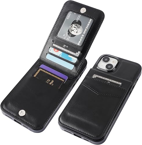 KIHUWEY Funda compatible con iPhone 15 Plus con soporte para tarjeta de crédito, cierre magnético de cuero de alta calidad, función atril, funda