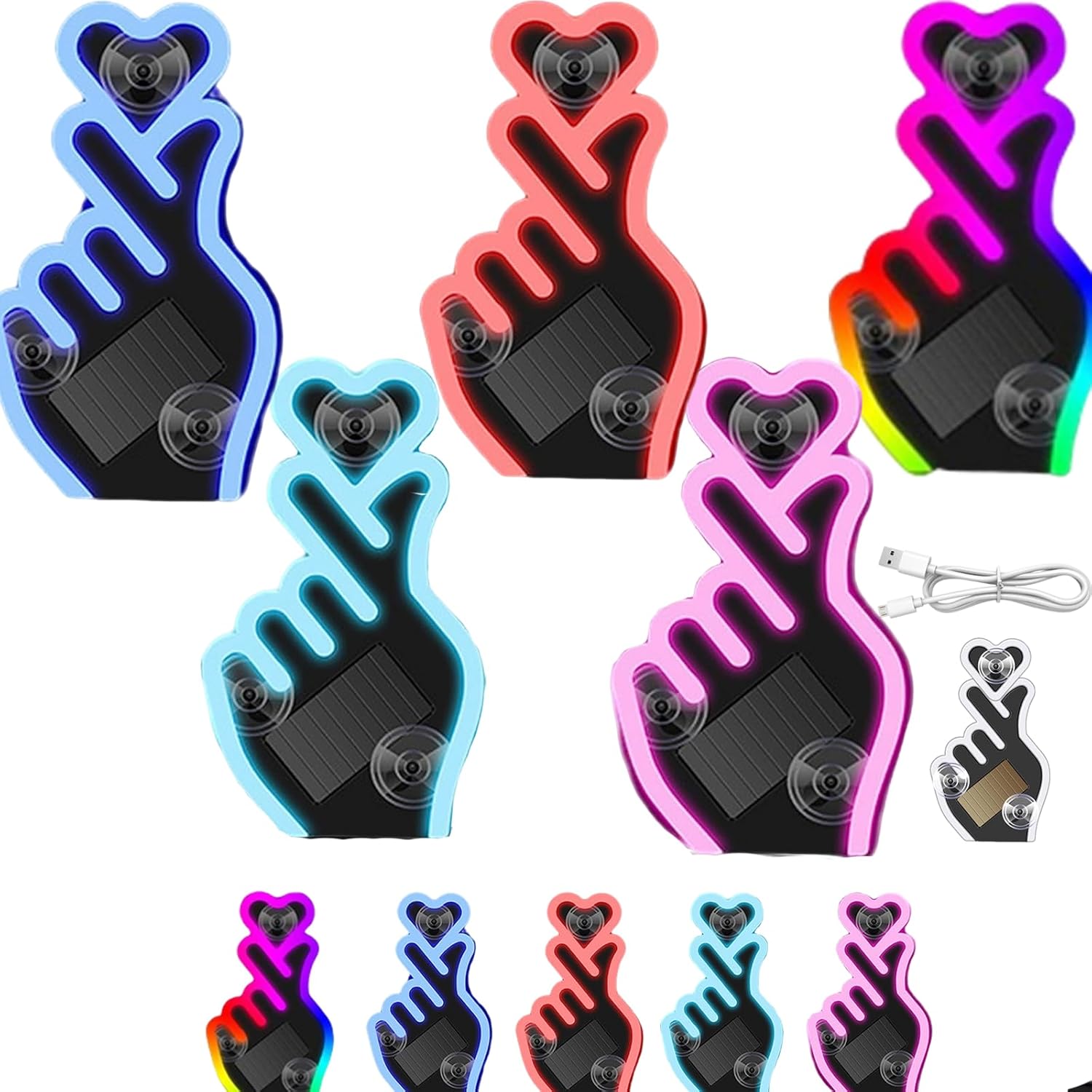 Solar-Powered Finger Heart Car Window Light, Solar Powered Wireless Led Heart Shape C-Pillar Neon Light, USB-C Rechargeable with Suction Cup, Neon Love Atmosphere Lights (5PCS)