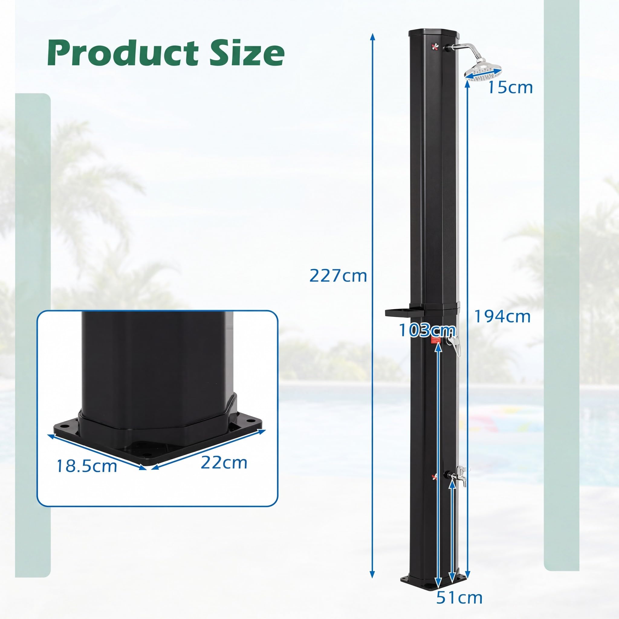 HOMASIS Douche Solaire Extérieure 60 L, Douche de Jardin avec Pommeau Pivotant 360°, Robinet pour Pieds, Porte-Savon, Housse de Protection, Eau Chaude jusqu'à 60°C, pour Piscine Camping Plage (Noir)