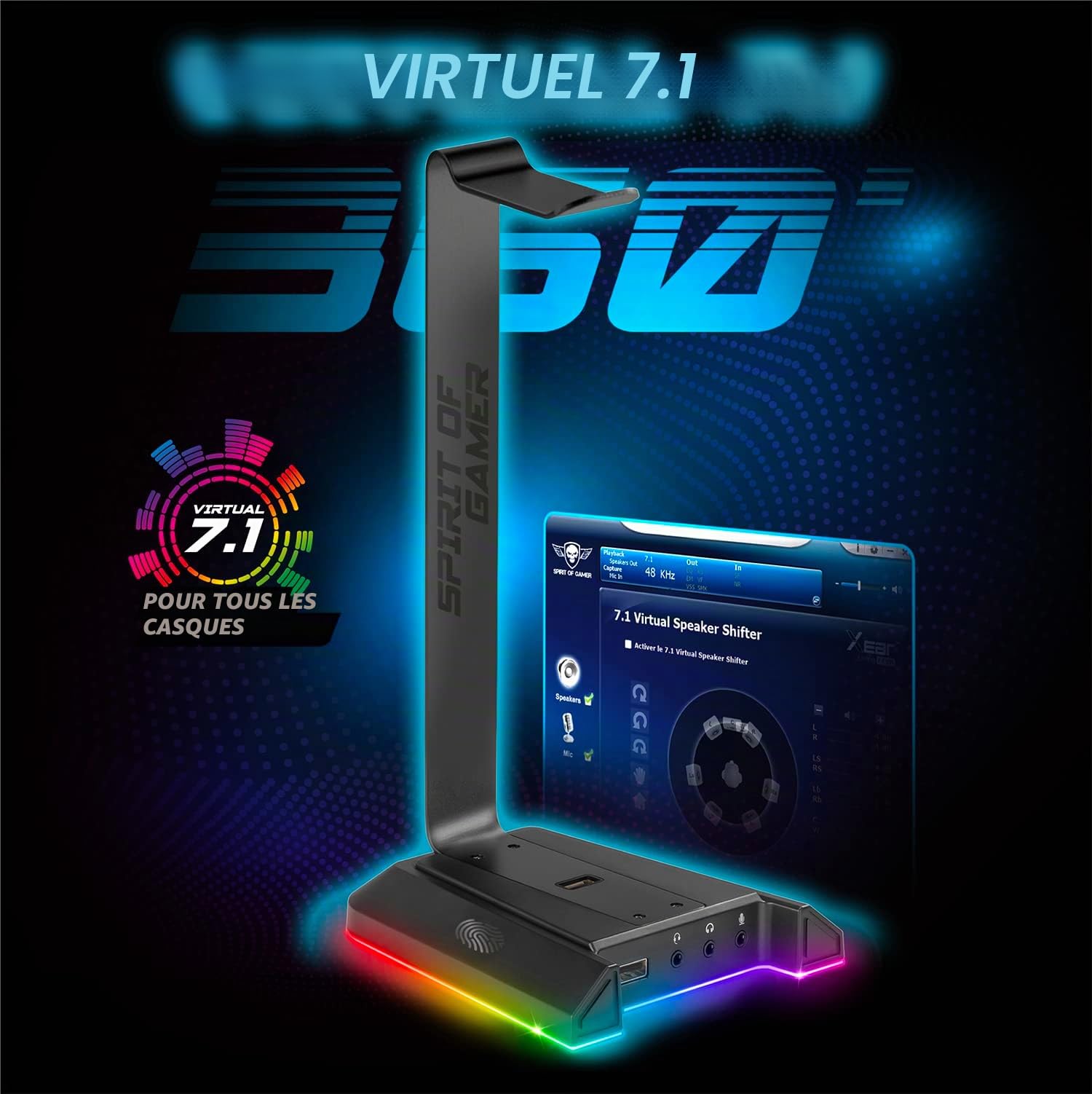 Spirit Of Gamer | Support Casque Gamer RGB en Métal | Son 7.1 Virtuel | Socle Antidérapant & Lumineux | 2 Ports USB Inclus | Rétroéclairage LED | Repose Casque Audio pour Bureau | Gaming Headset Stand