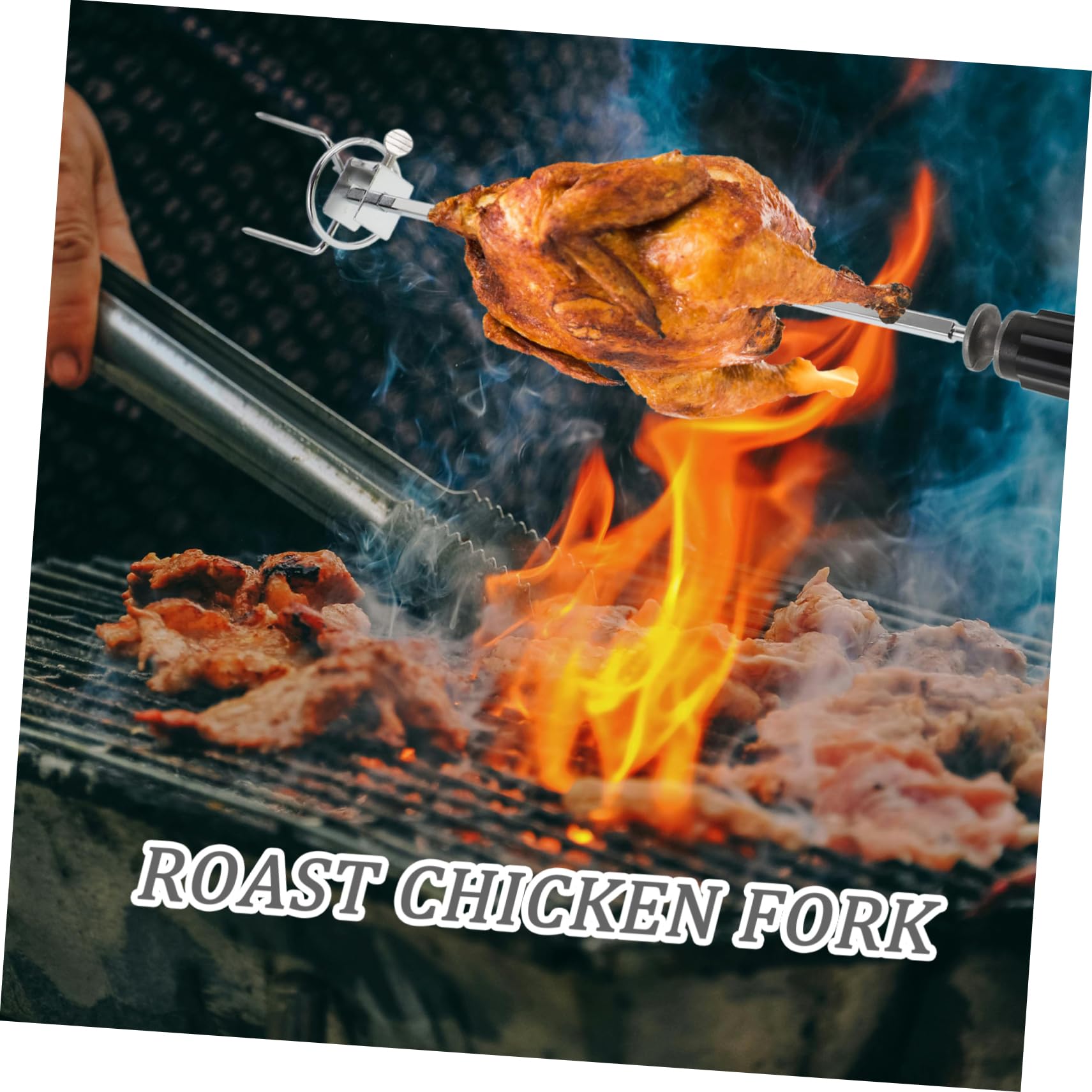LIOOBO Versatile Grill Spit Rod Rotating Chicken Fork for Barbecue Stainless Steel Outdoor Cooking Tool