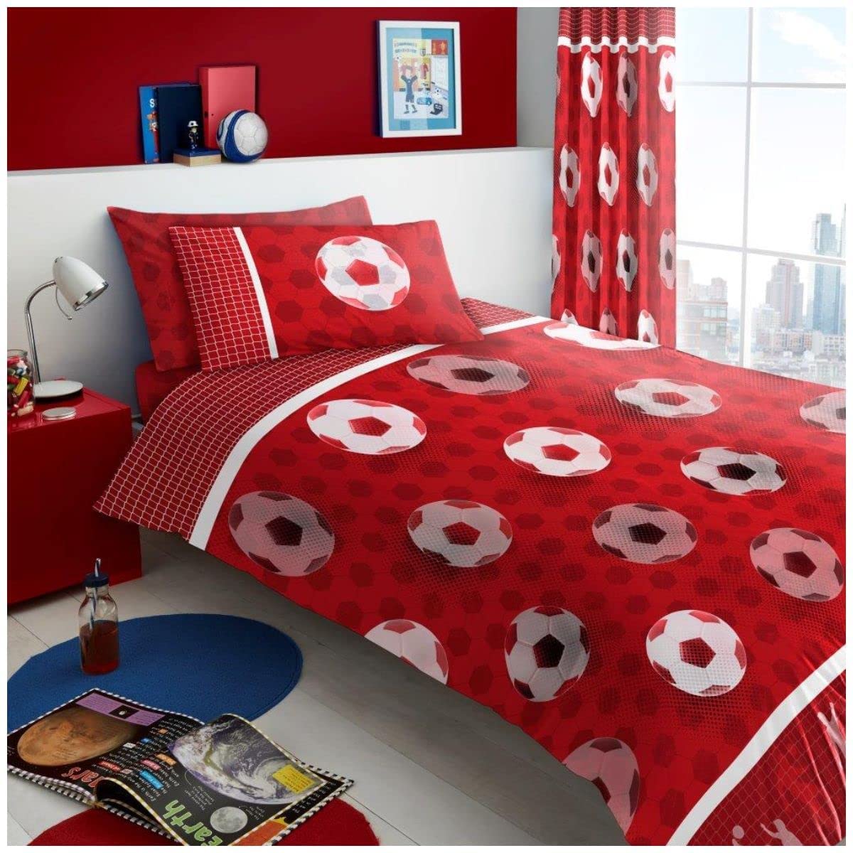 Lions Boys Football Red Kids Single Duvet Cover Set, Bedding With Matching Pillowcases, Ultra Soft Reversible Soft Quilt Covers, 135X200cm