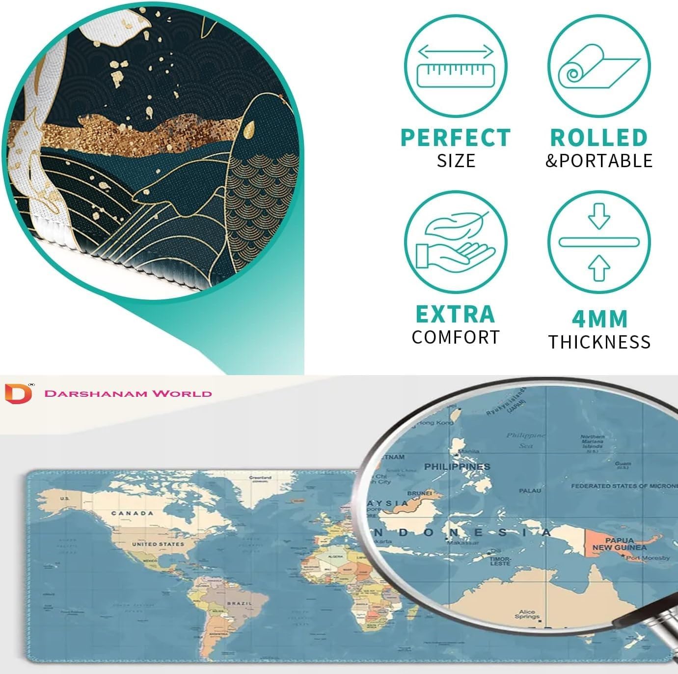 Gaming Mouse Pad, 80 x 30 cm Large Desk Mat, Anti-Slip Rubber Base, Water Resistant, for Work from Home, Office, Gaming Mouse Pad (World MAP)