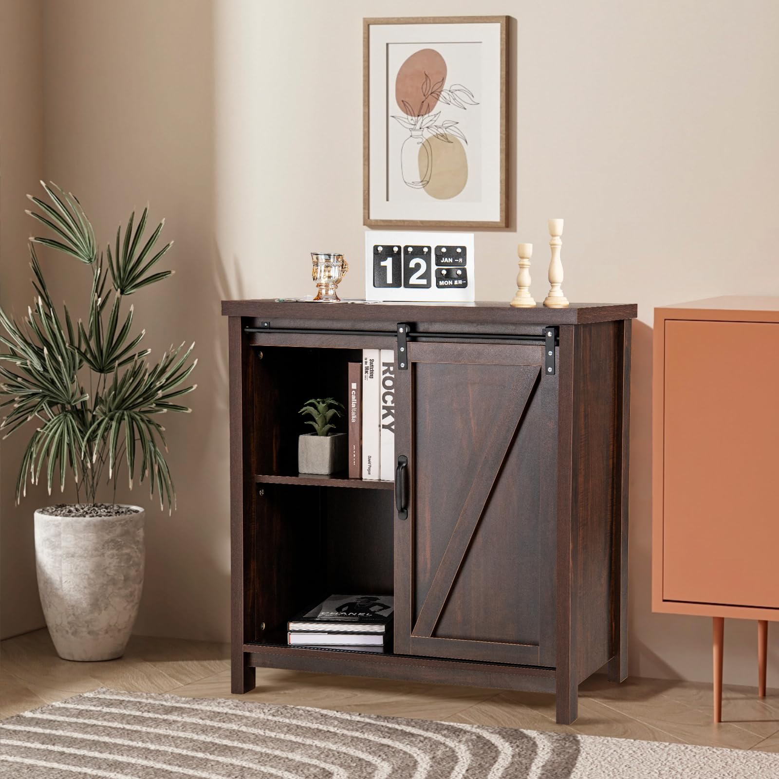 KOMFOTTEU Armario Buffet con 4 Compartimentos, Aparador de Cocina con Puerta Corredera de Granero, Mueble de Almacenamiento para Comedor, Salón, Pasillo, 80 x 40 x 82 cm, Marrón