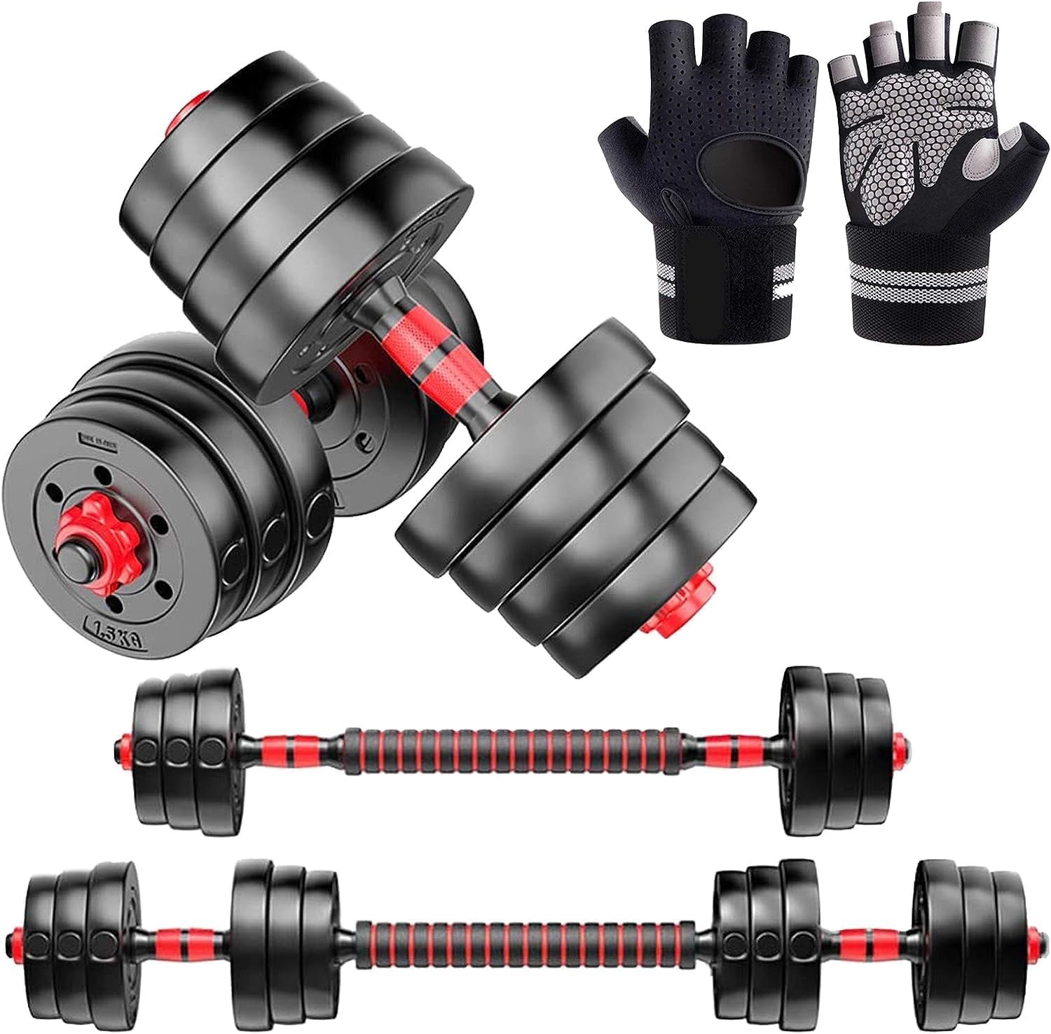 Edinco 50kg Adjustable Dumbbell Barbell Weights Set | Heavy Duty Home Gym Equipment | Strength Training Free Weights Kit | Incl. Gloves & Connector