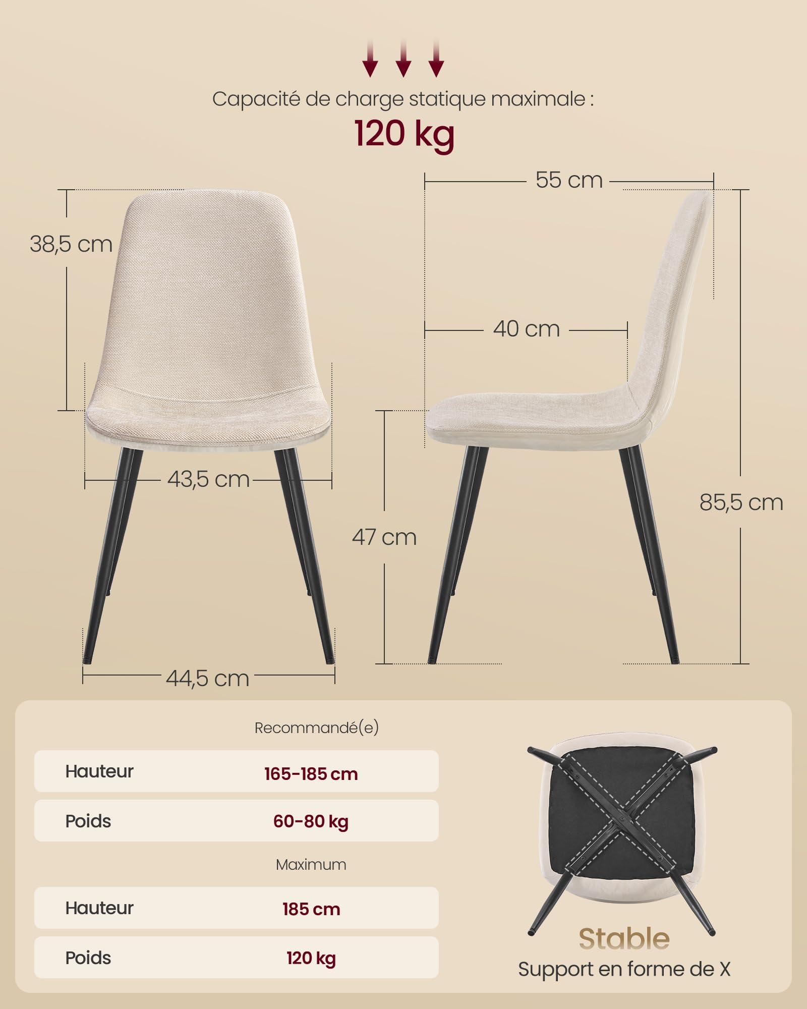 VASAGLE Chaises de Salle à Manger, Lot de 4, Support Métallique, Pieds Réglables, Nettoyage Facile, Chaises de Cuisine, Tissu Chenille, PU Texturé Glacé, Blanc Crème KDC188W01
