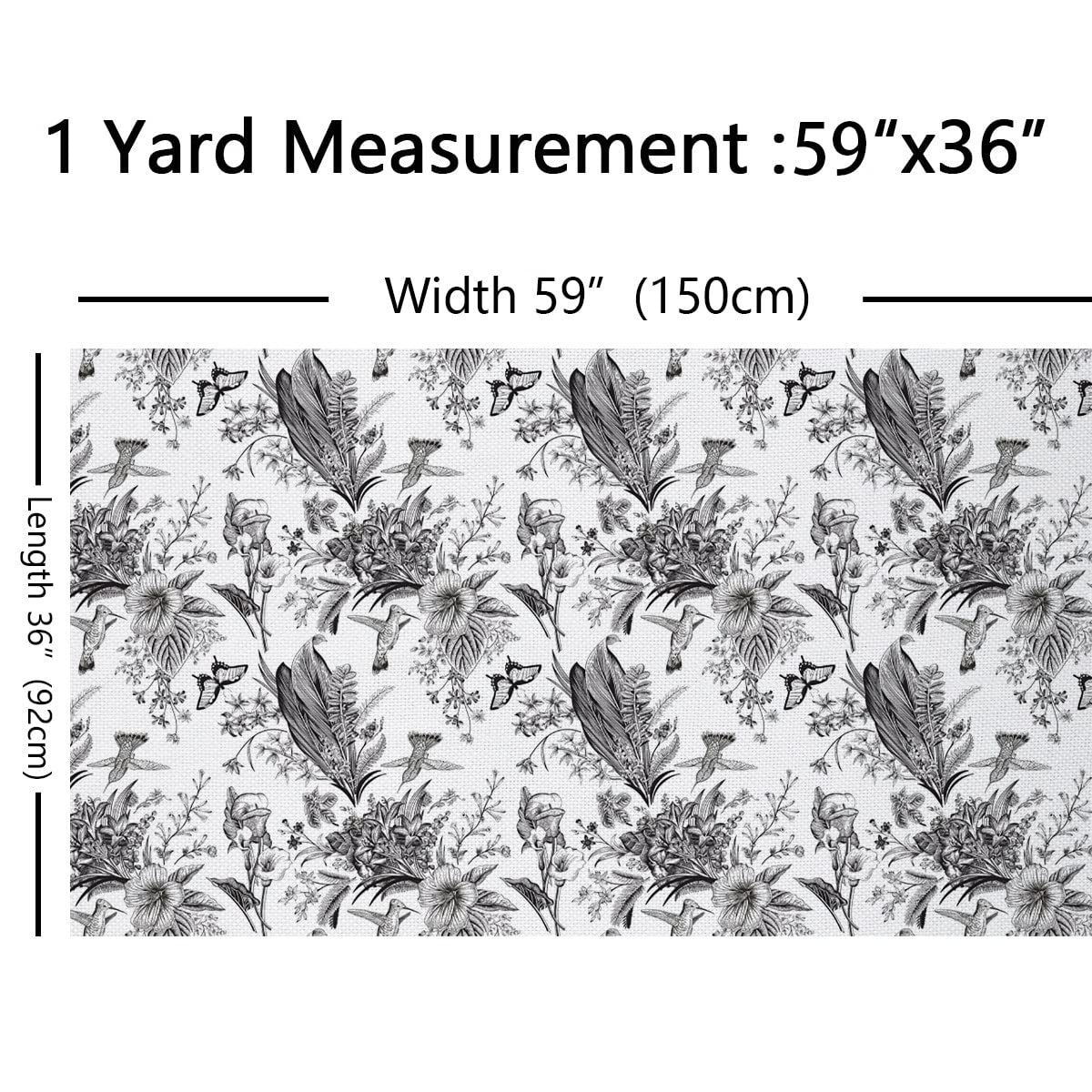 Tela de colibrí Kawaii para sillas, tela de flores florales para exteriores, tela de tinta natural para tapicería y proyectos de bricolaje en el hogar, 10 yardas, (largo 920 x ancho 150 cm), blanco y