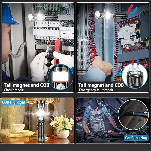 Miniatura 2 de Linterna táctica recargable, linternas LED de alto lúmenes, base magnética de mano, súper brillante, zoomable, resistente al agua, 4 modos, potente