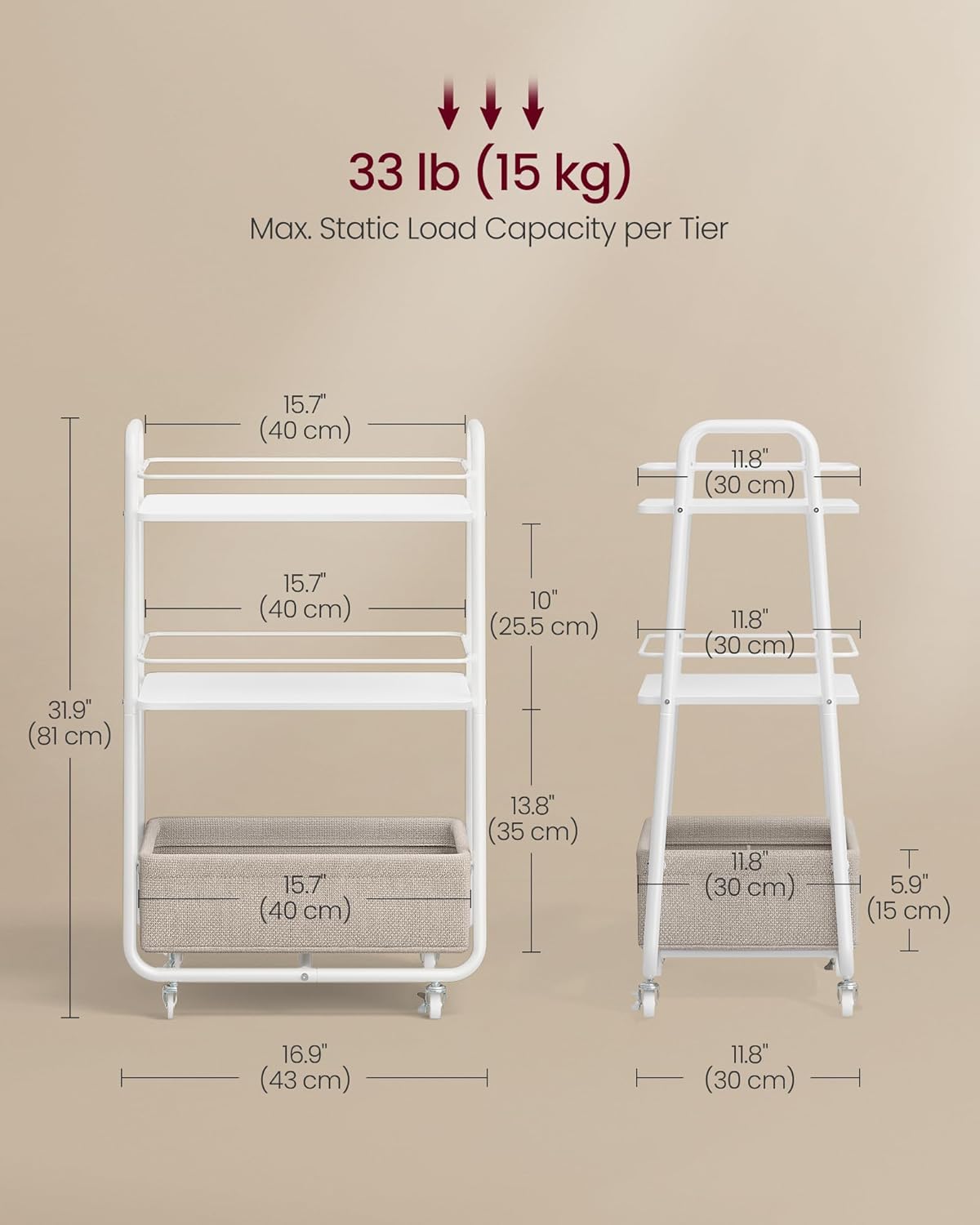 VASAGLE LILEA Collection - Storage Cart with Fabric Basket, 3-Tier Rolling Utility Cart with Wheels and Shelves, for Living Room Bedroom Kitchen, Cloud White and Camel Brown ULRC001WB01
