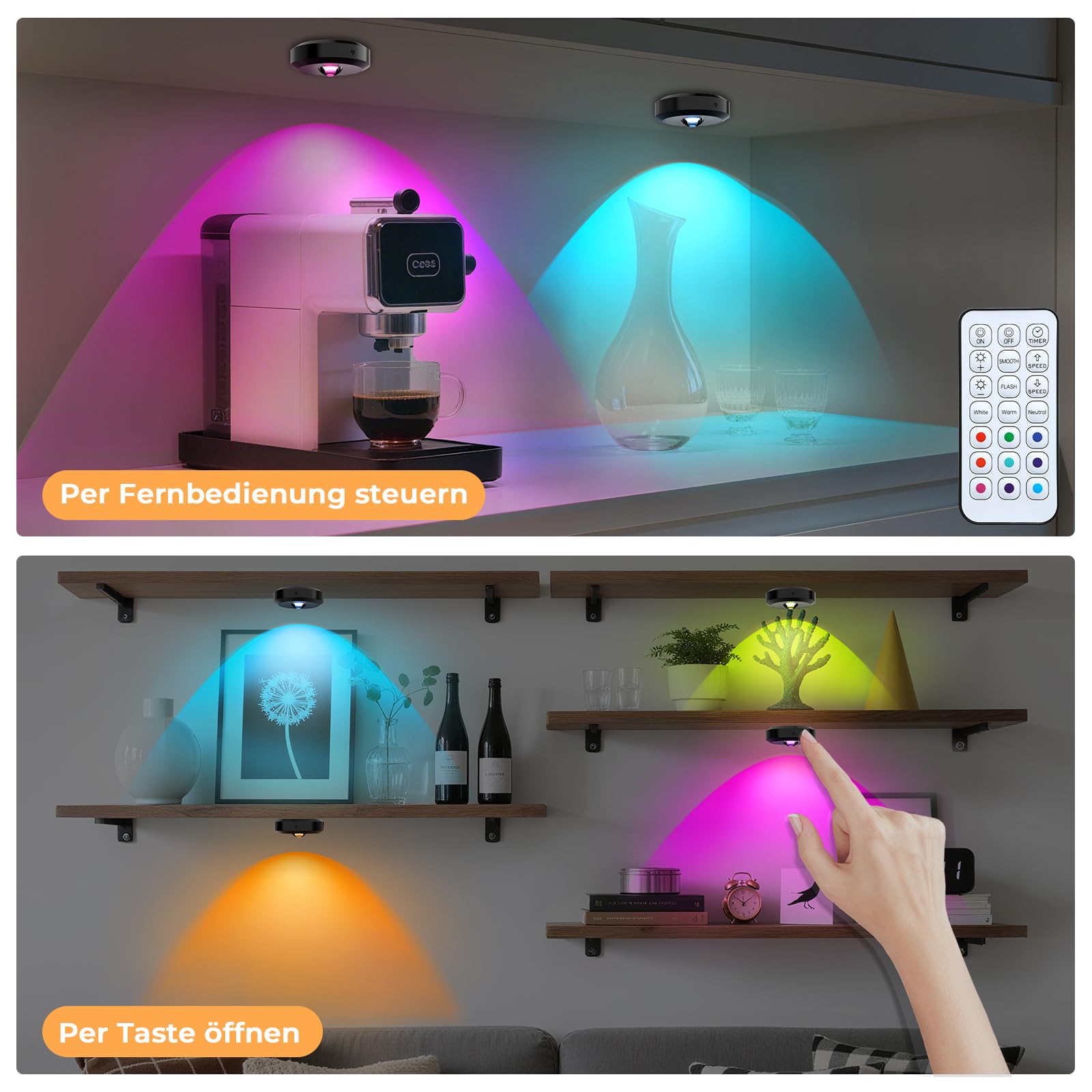 Iluminación LED para armario (recargable por USB, redonda, iluminación de armario, batería LED, 6 unidades)