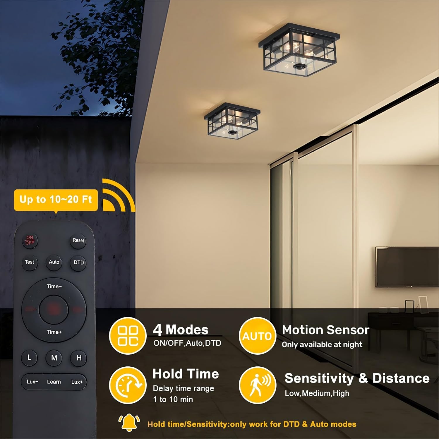 Outdoor Ceiling Light: Upgraded Motion Sensor Porch Light Fixture with Remote Control 4 Lighting Modes Flush Mount Ceiling Light Fixture with Clear Glass for Porch, Driveway, Patio, Farmhouse