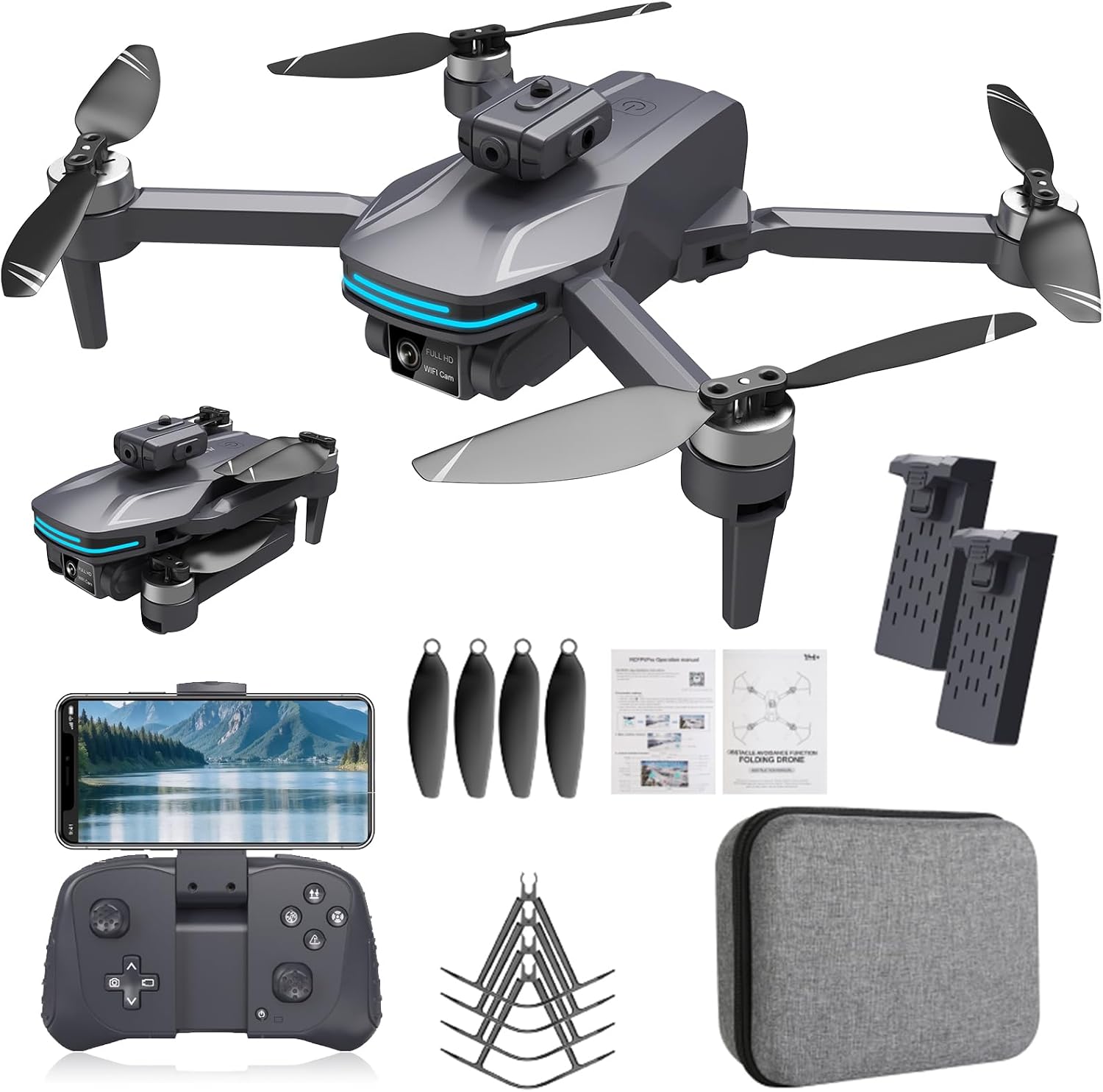 Foldable 4K Drone for Beginners with Dual Adjustable Cameras Brushless Motors Obstacle Detection Altitude Hold Function Headless Mode One-Key Start 2 Batteries & Carry Bag