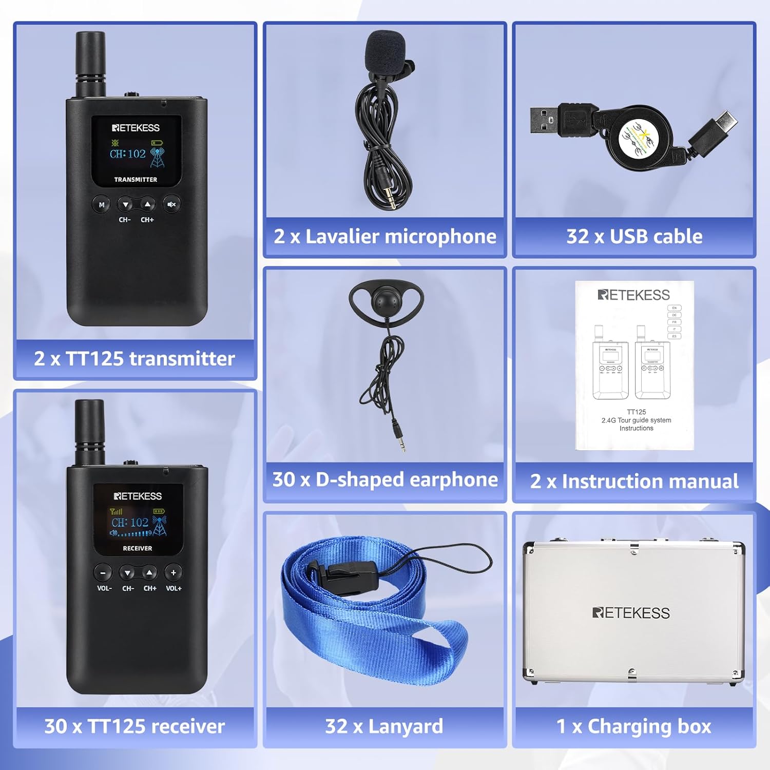 Retekess TT125 Wireless Tour Group System, Whisper Tour Guide System, 100 Hours Long Battery Life, 2.4G, 32-Slot-Charging Case, Audio System for Long Tours (2 Transmitters and 30 Receivers)