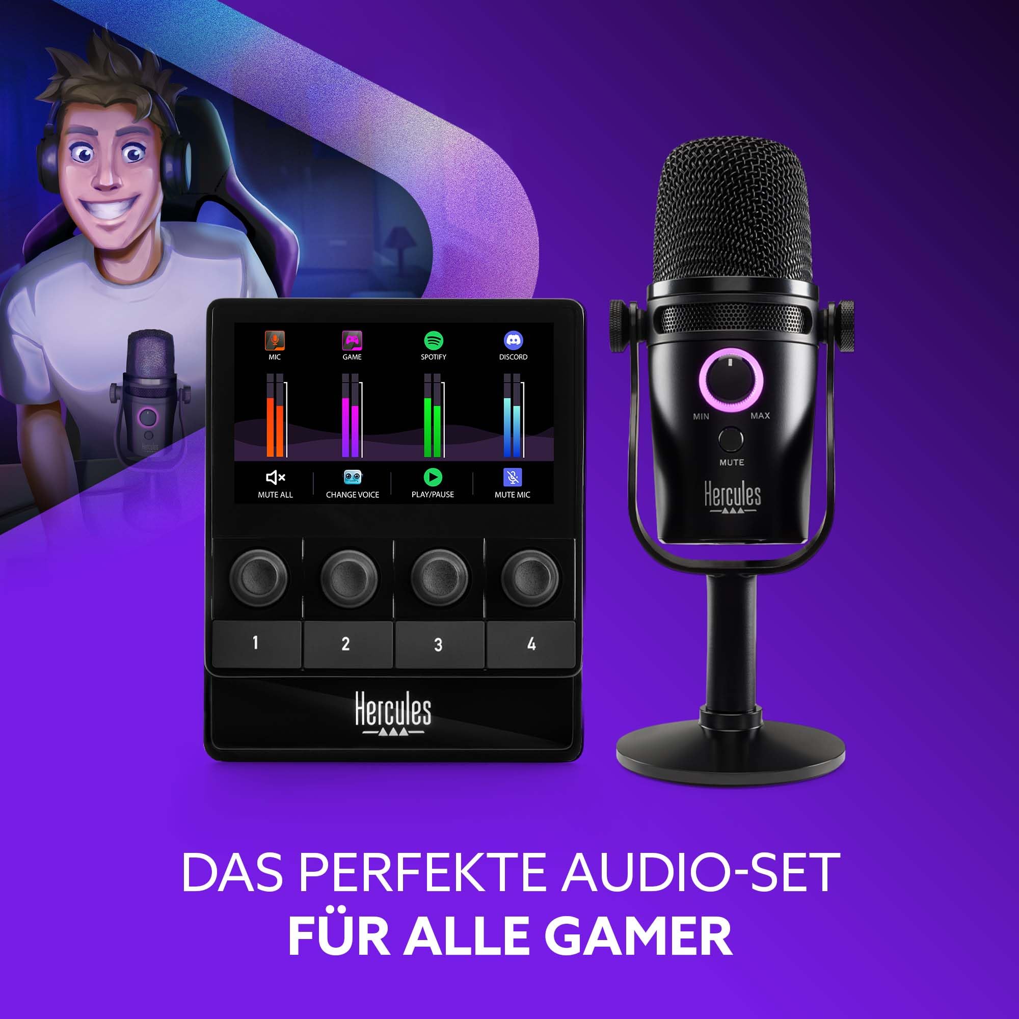 Hercules Stream Starter Kit - Stream 100 + Mikrofon HUD-600 PC | Stream-100-LCD-Controller, USB/XLR-Mikrofon HUD-600, 4 Encoder, 4 Tasten, 3 Monate Voicemod Pro inklusive