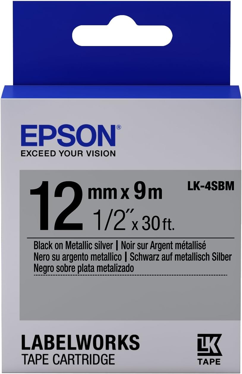 Epson LabelWorks Standard LK (Replaces LC) Tape Cartridge ~1/2" Black on Metallic silver (LK-4SBM) - For use with LabelWorks LW-300, LW-400, LW-600P and LW-700 label printers